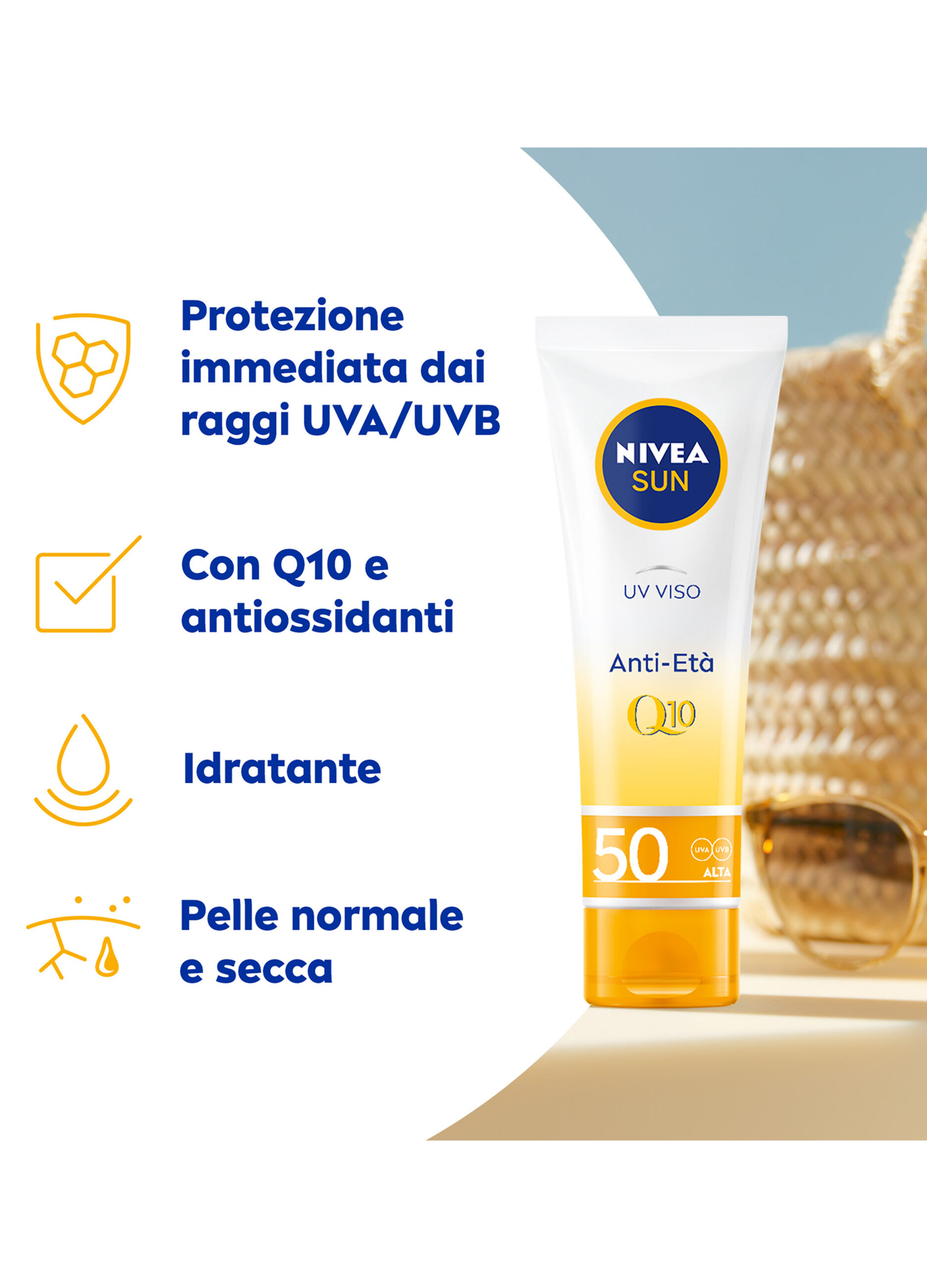 Nivea Sun UV Viso Anti-Età FP50 50 ml, Crema solare viso antirughe e antimacchie con Coenzima Q10
