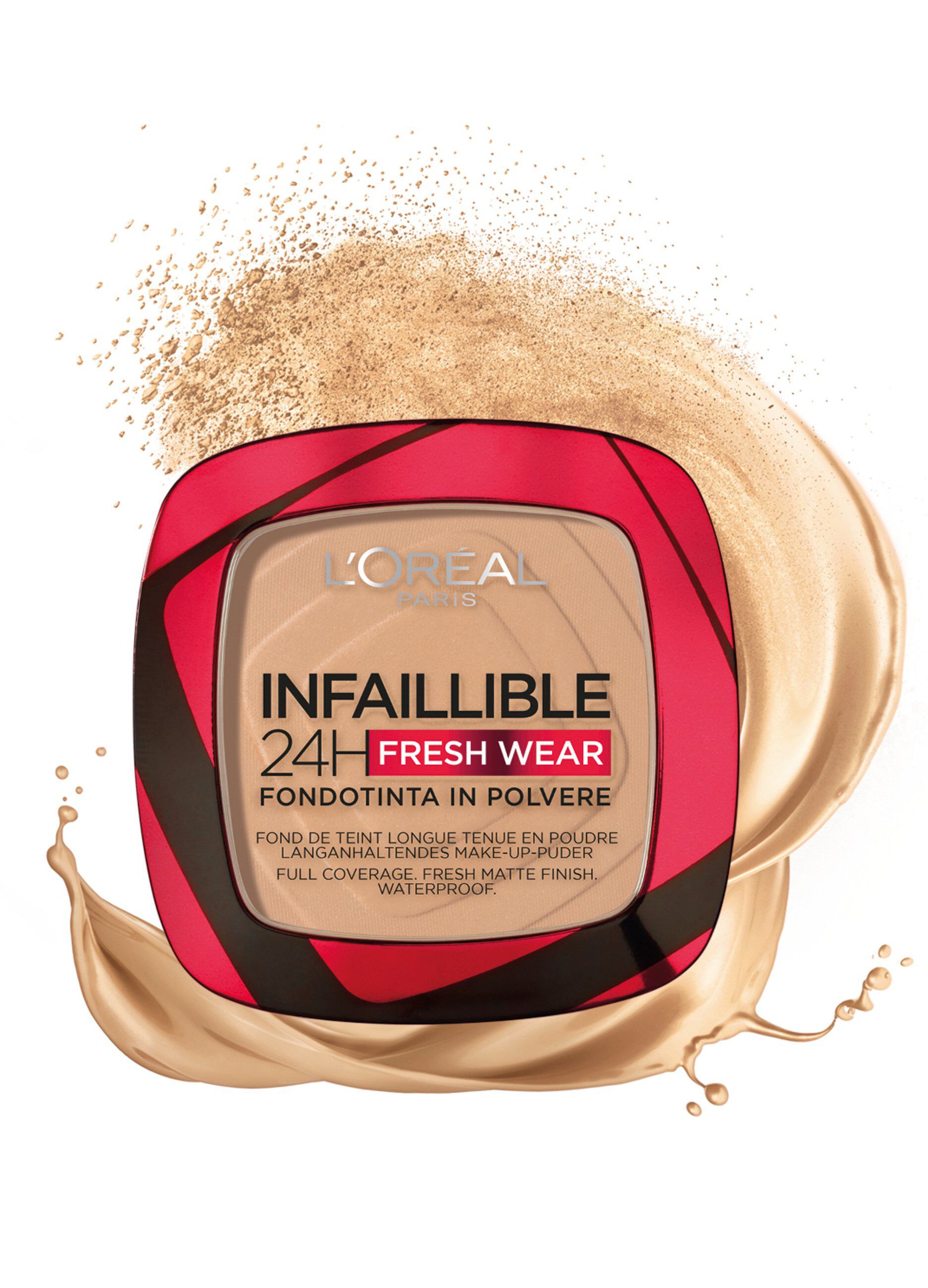 L'Oréal Paris Fondotinta compatto Infaillible 24H Fresh Wear, Formula in Polvere a Lunga Tenuta, Mask-Friendly, Low-Transfer e Waterproof, Copre come un fondotinta e opacizza come una polvere, 140 Beige Doré/Golden Beige.
