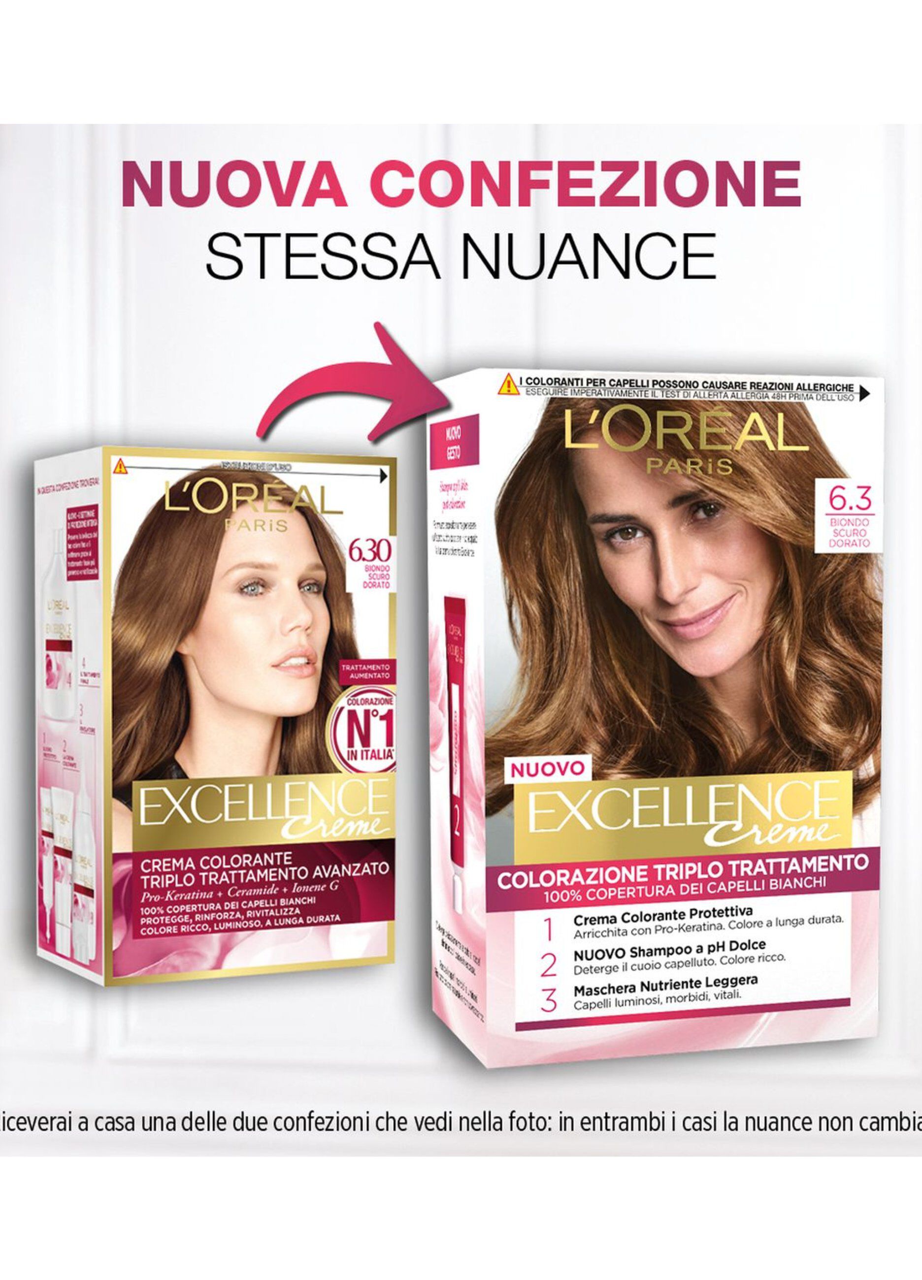 L'Oréal Paris Tinta Capelli Excellence, Copre i capelli bianchi, colore ricco, luminoso e a lunga durata, 6.3 Biondo Scuro Dorato.