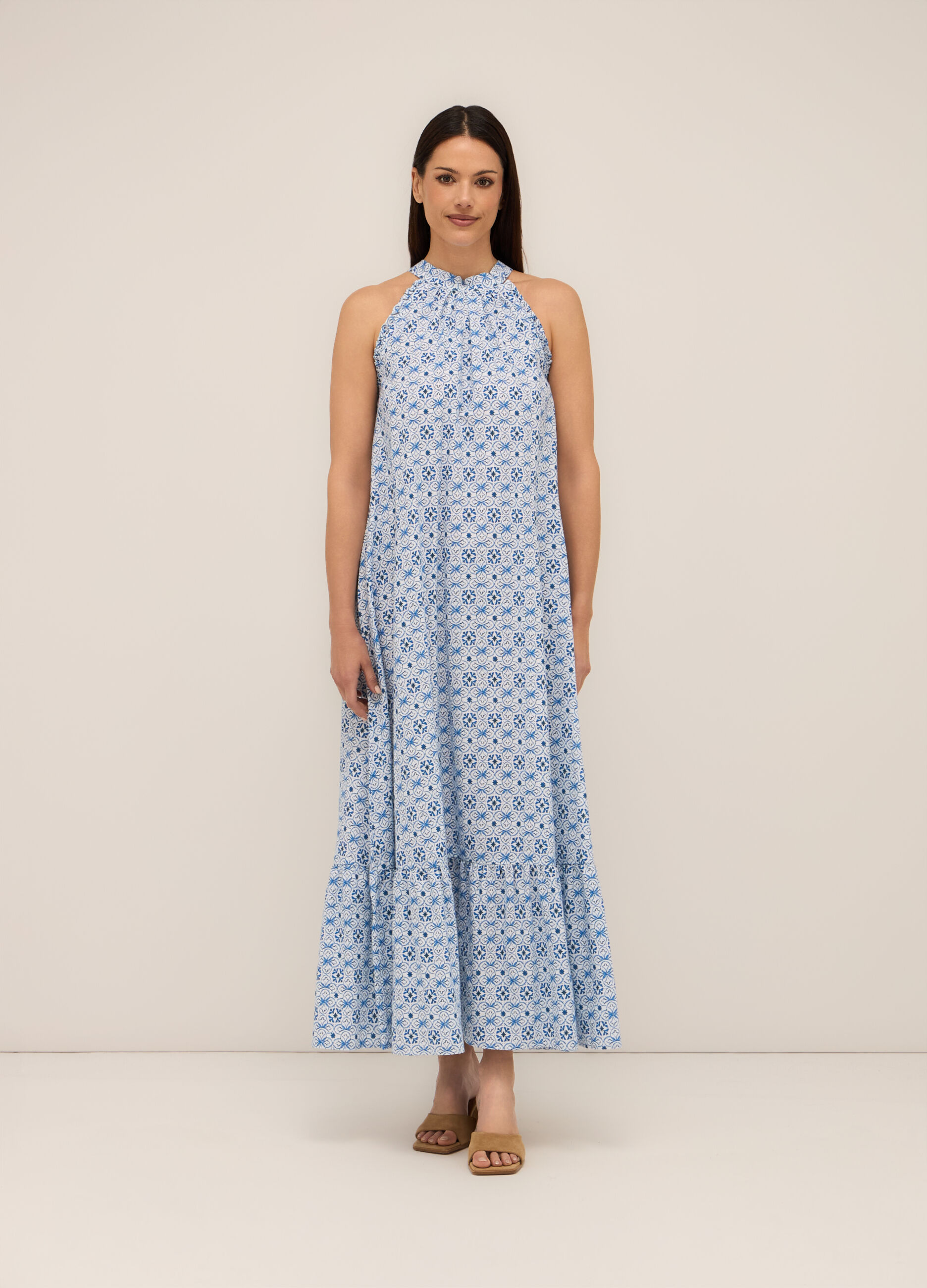 Abito lungo smanicato in misto lino donna