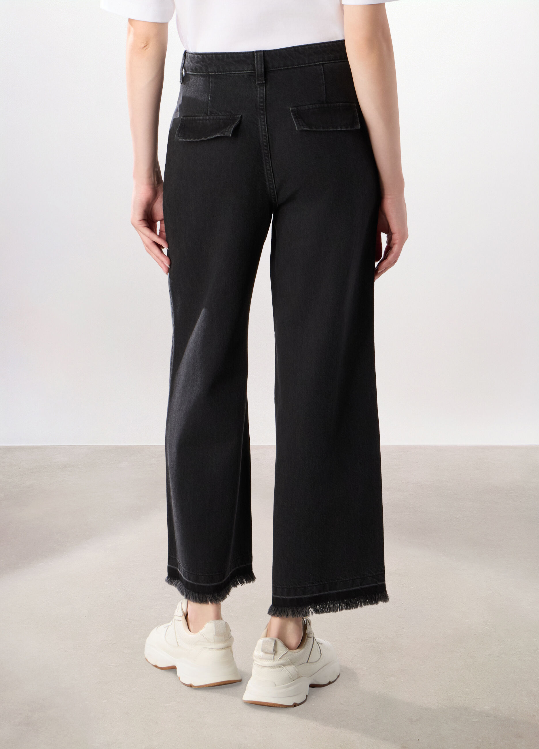 Pantaloni wide leg in denim di puro cotone donna_1