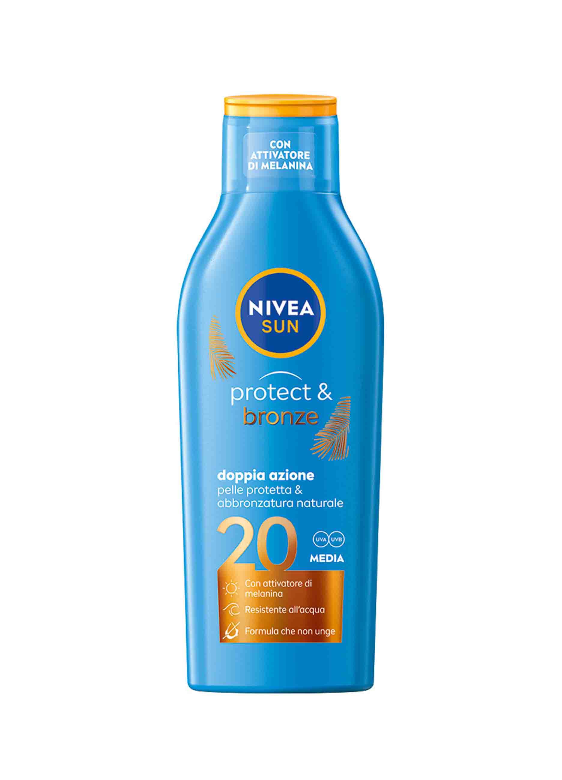 Nivea Sun Latte Solare Protect & Bronze FP20 200 ml, Crema solare 20 per un'abbronzatura dorata_0