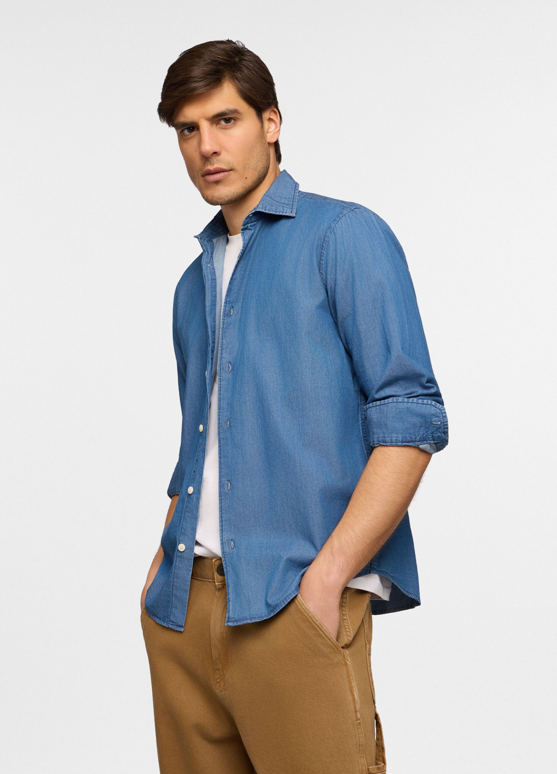 Camicia regular fit in chambray di cotone uomo
