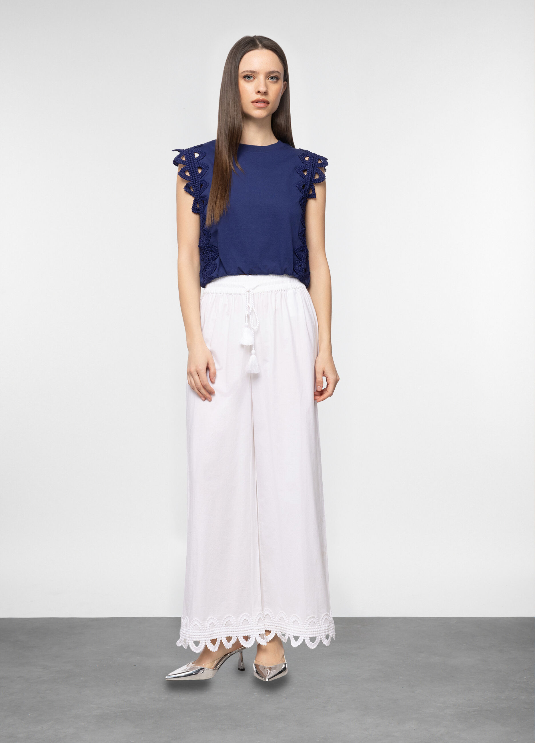 Pantaloni wide leg in popeline di puro cotone donna_0