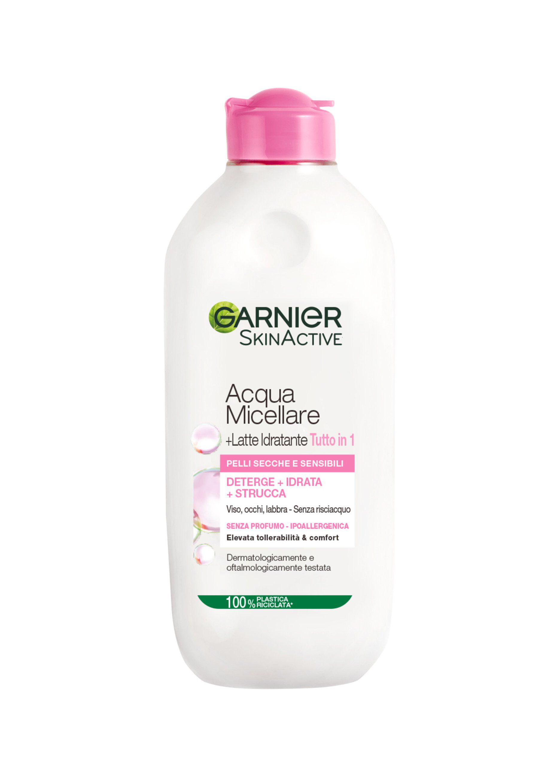 Garnier Acqua Micellare + Latte Idratante Micellare, Acqua Micellare + Latte Idratante per pelli secche; strucca, deterge e idrata, 400 ml.