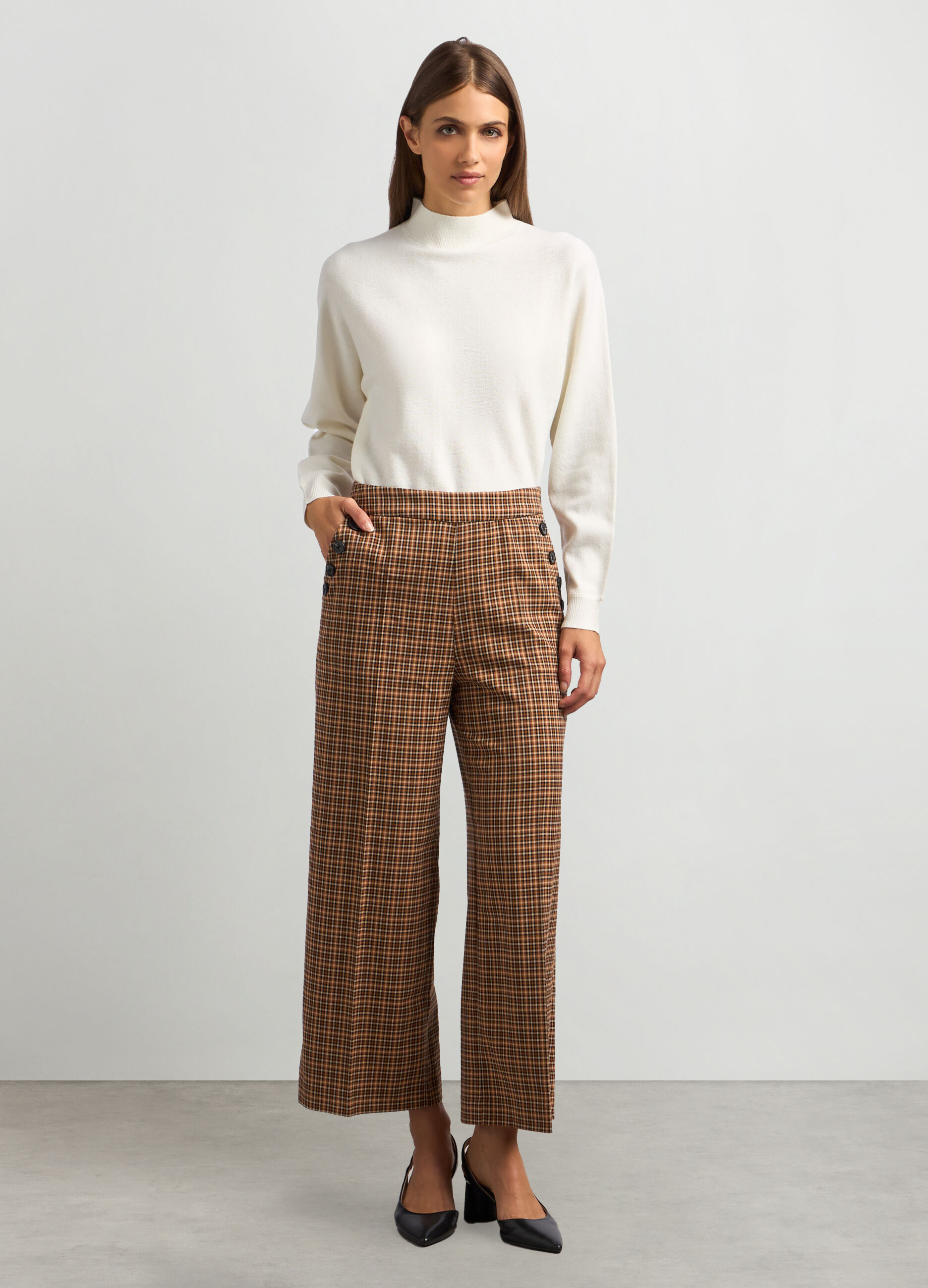 Pantaloni palazzo a quadri in misto viscosa donna_0