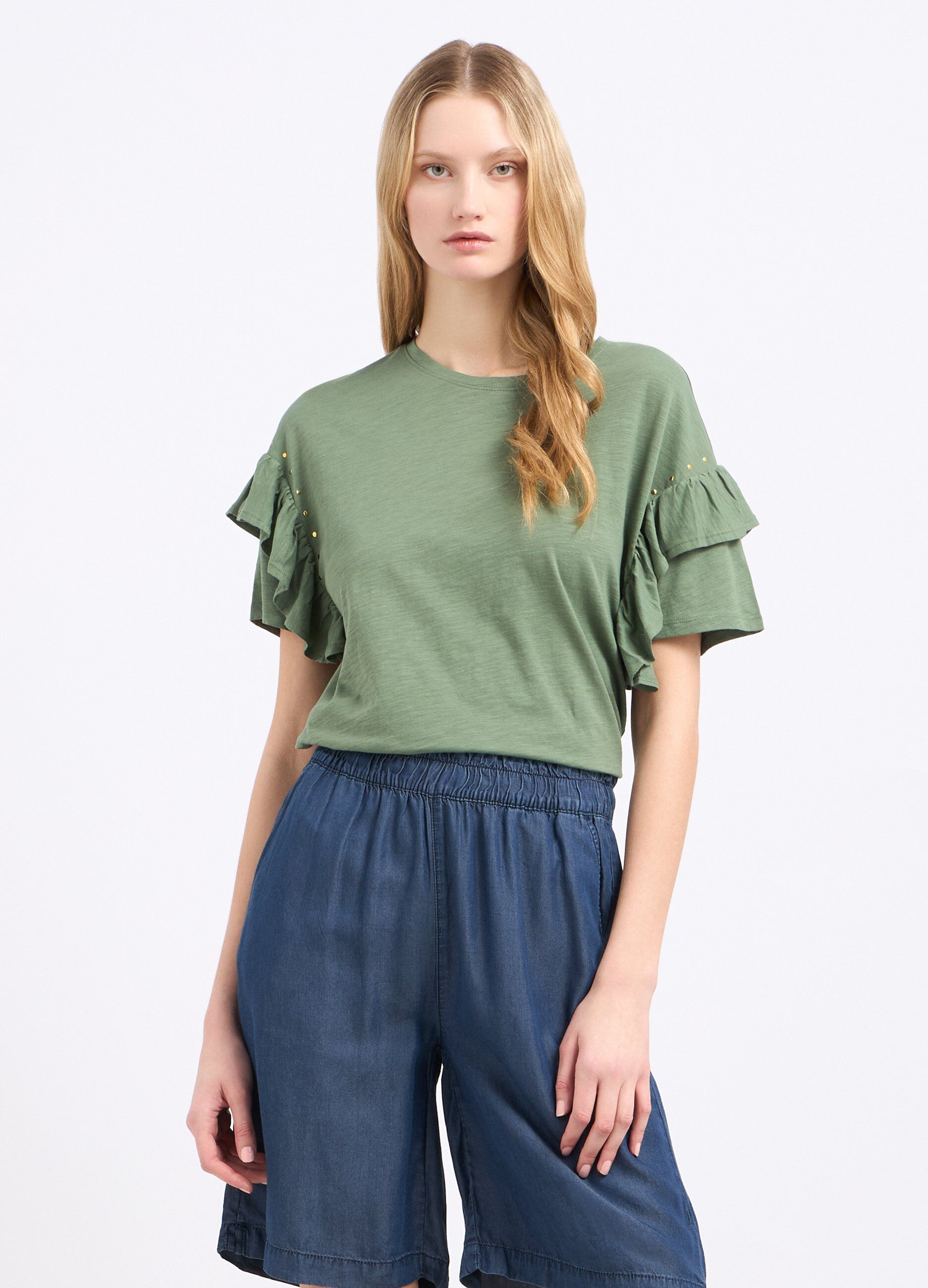 T-shirt in puro cotone con rouches e strass donna_0
