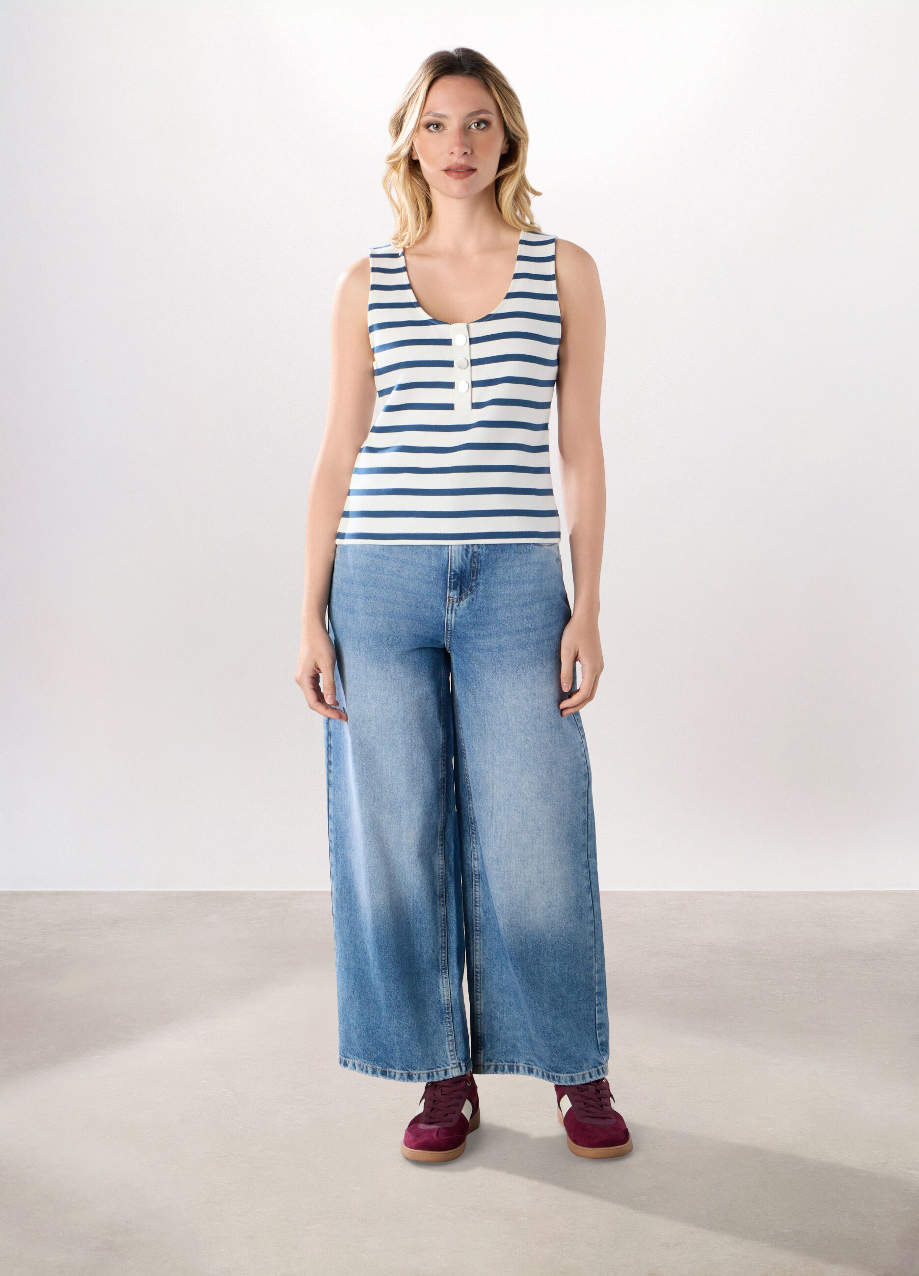 Pantaloni wide leg in denim di puro cotone donna_0