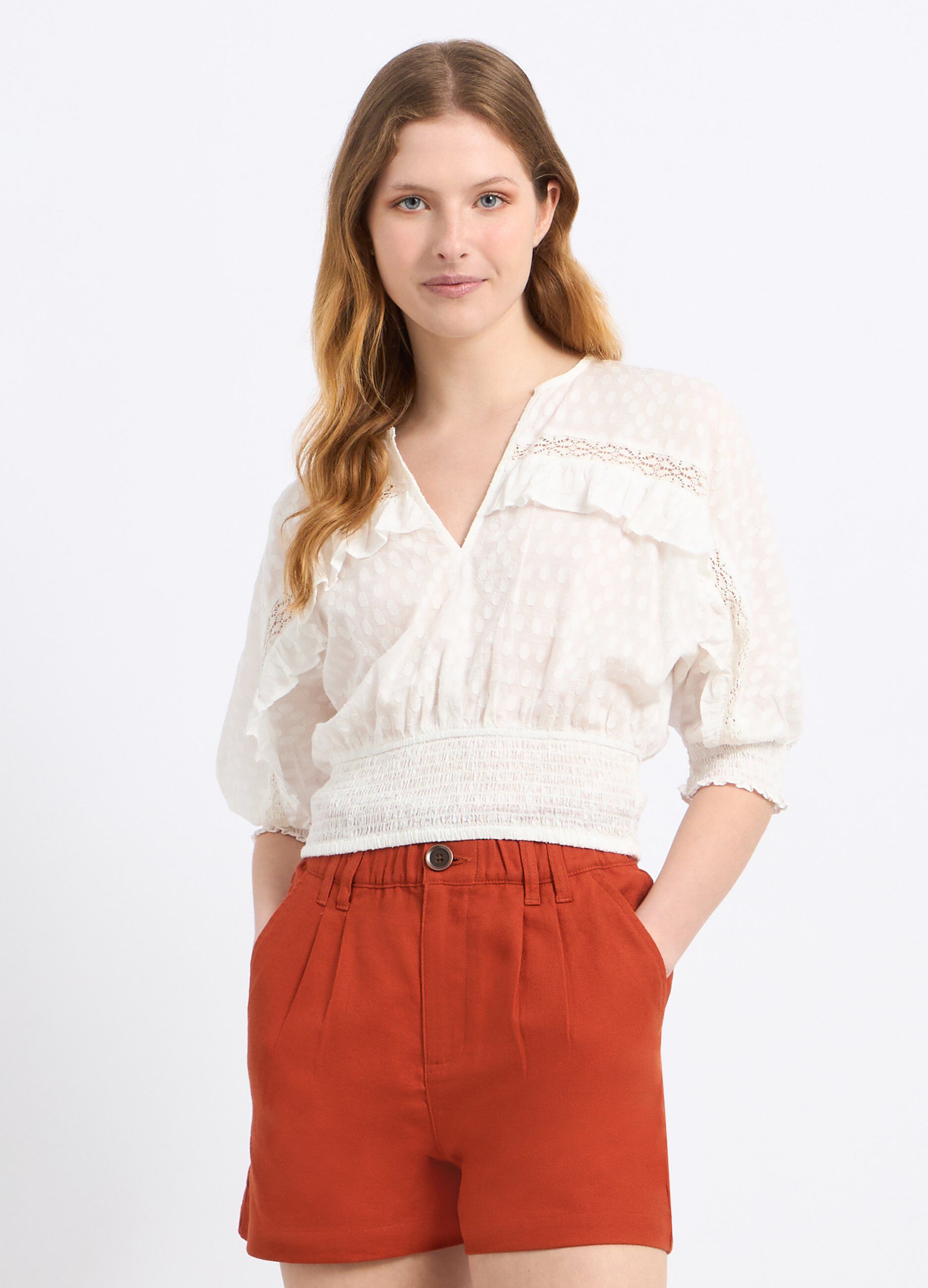 Blusa cropped in puro cotone con lavorazione jacquard donna_0