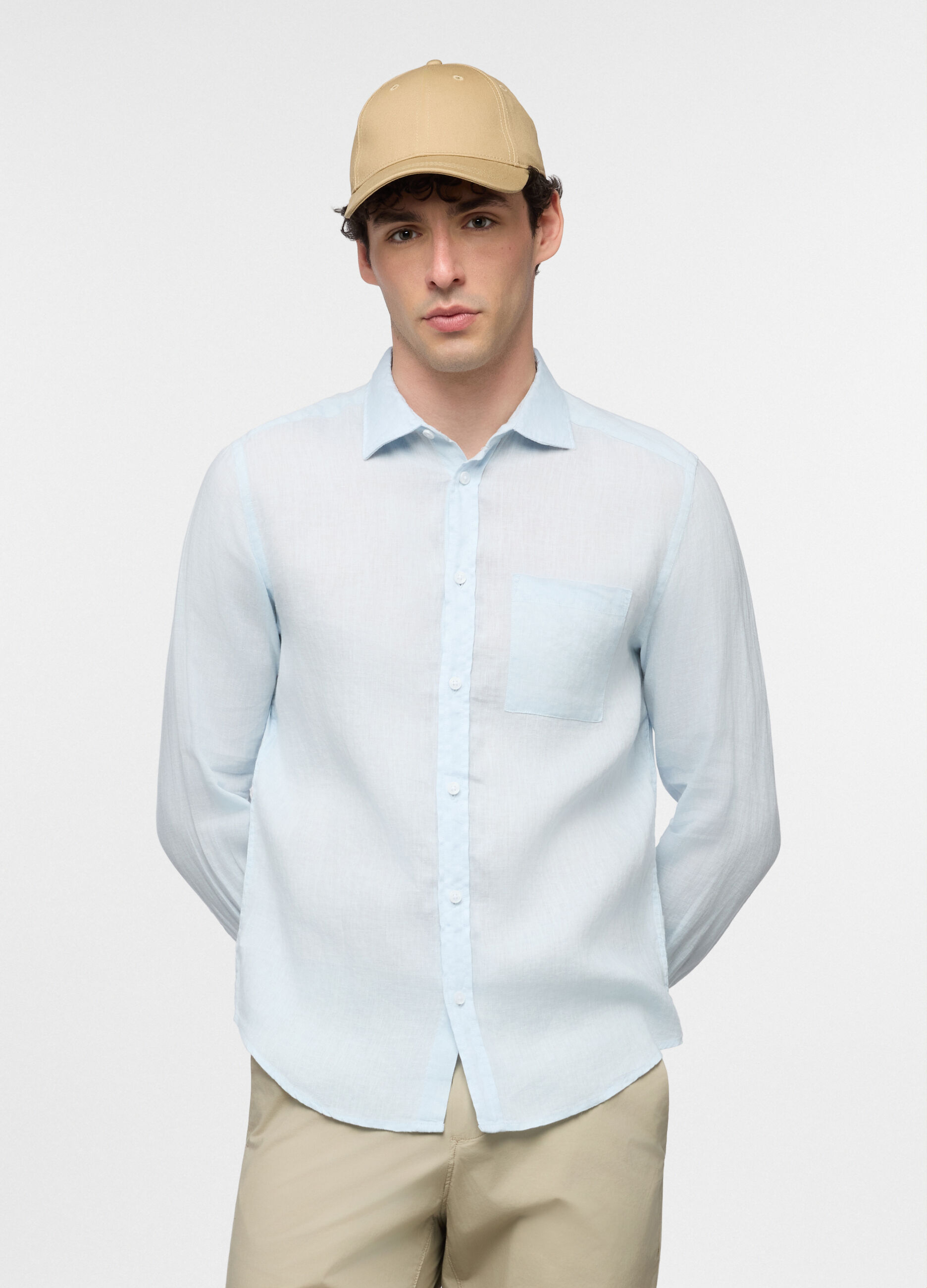 Camicia regular fit con colletto classico in lino uomo_0