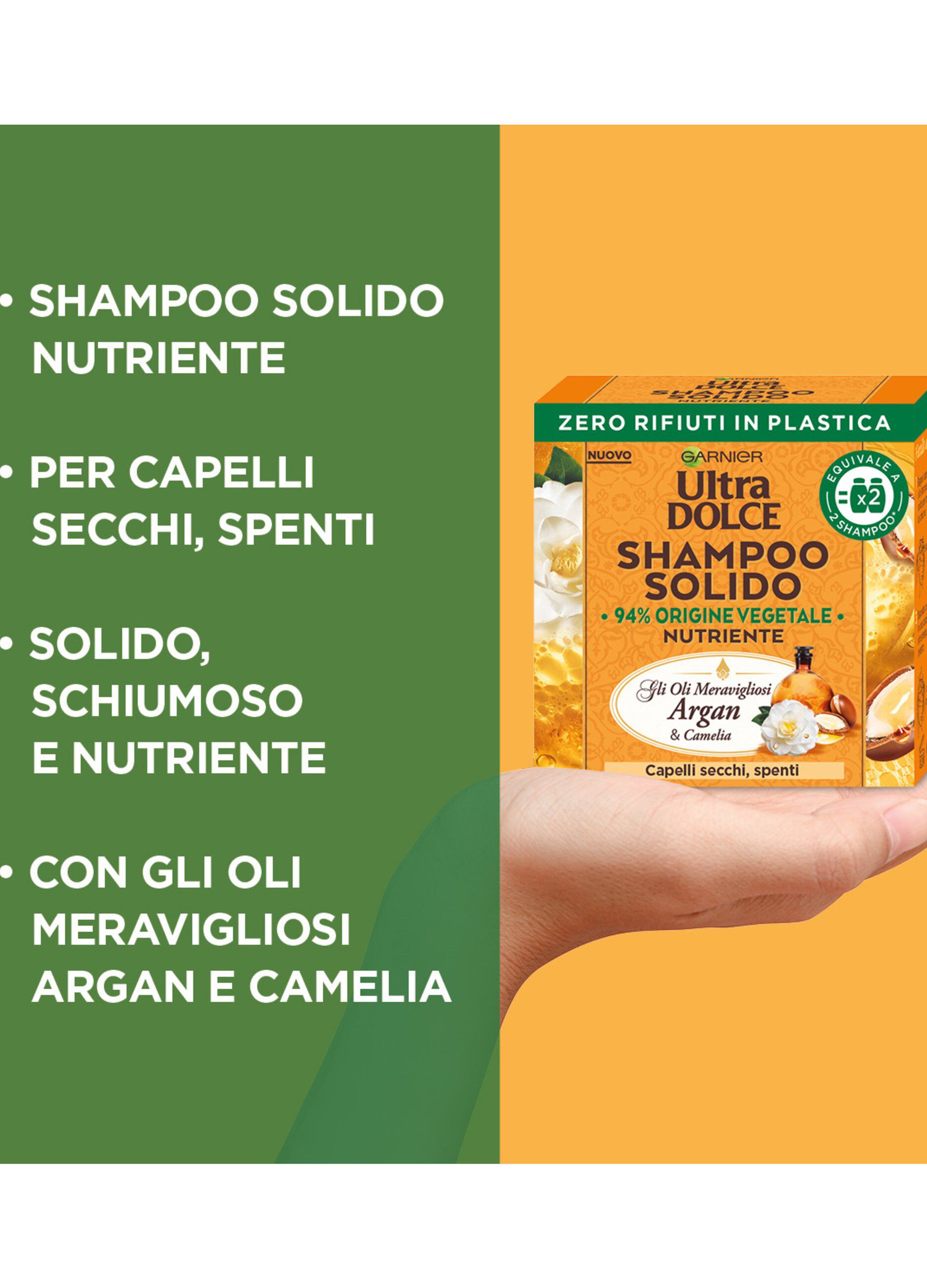 Garnier Ultra Dolce Shampoo Solido con Oli meravigliosi di Argan e Camelia, Per capelli secchi e spenti, Con packaging 100% ecologico plastic-free, 60 gr.