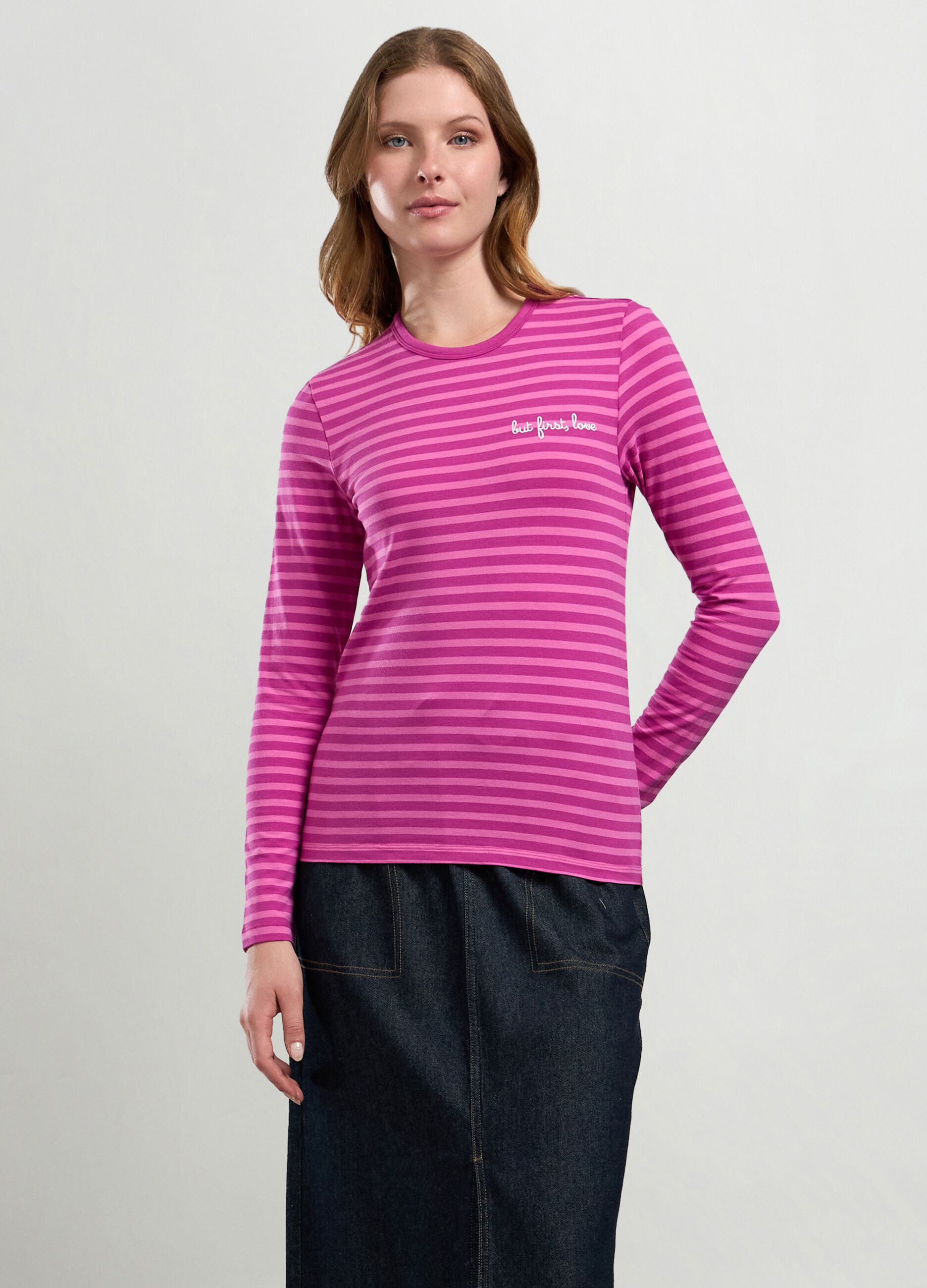 T-shirt rigata in cotone stretch donna_0
