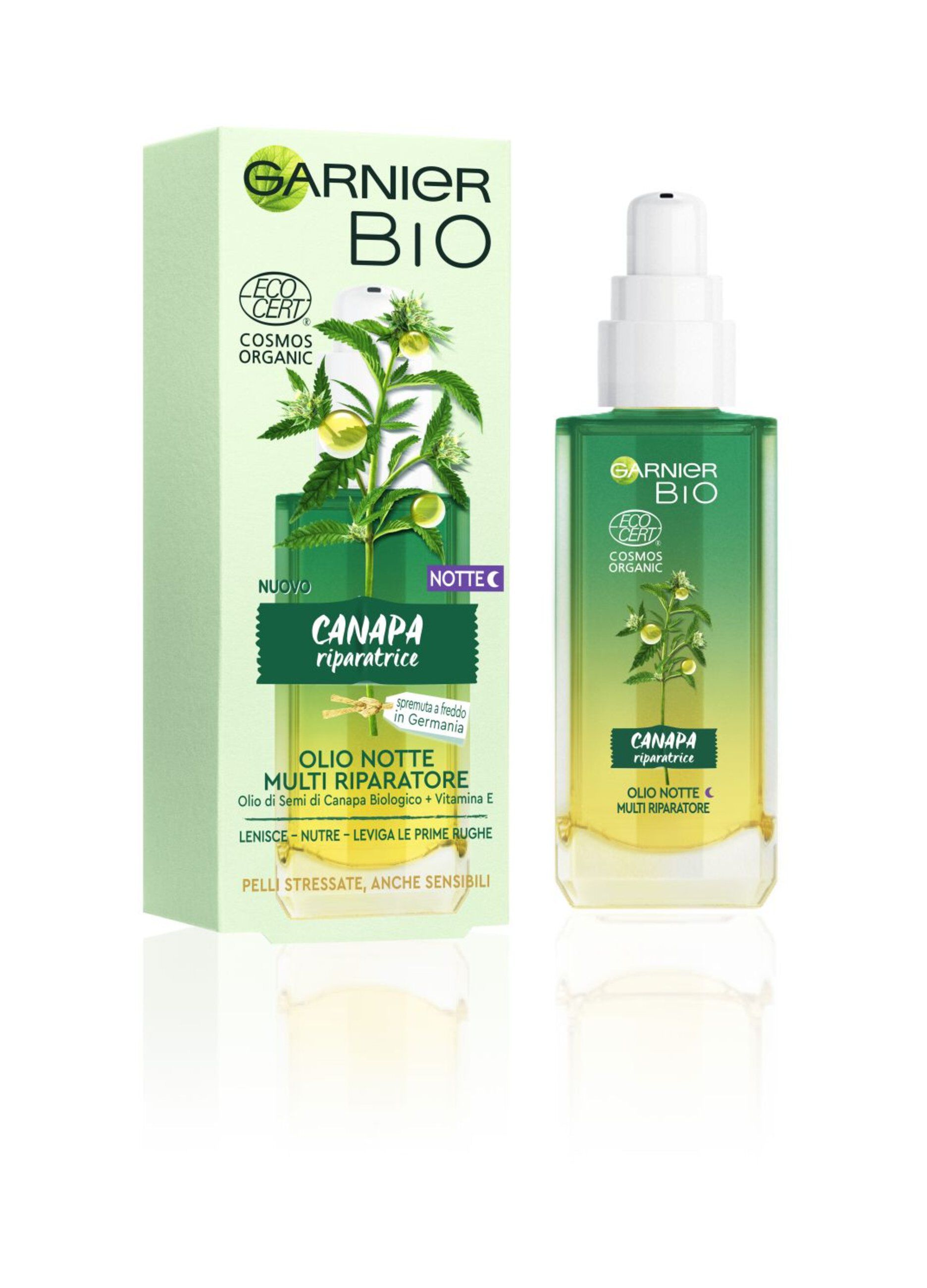 Garnier Olio viso notte Bio, Olio Notte multi riparatore con Olio di Semi di Canapa Biologico e Vitamina E, per pelli stressate, anche sensibili e prime rughe, 30 ml.