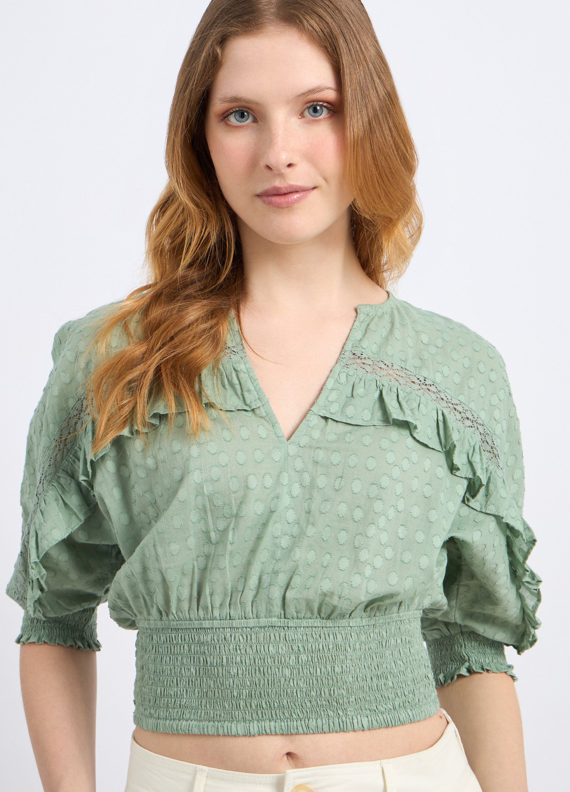 Blusa cropped in puro cotone con lavorazione jacquard donna_2