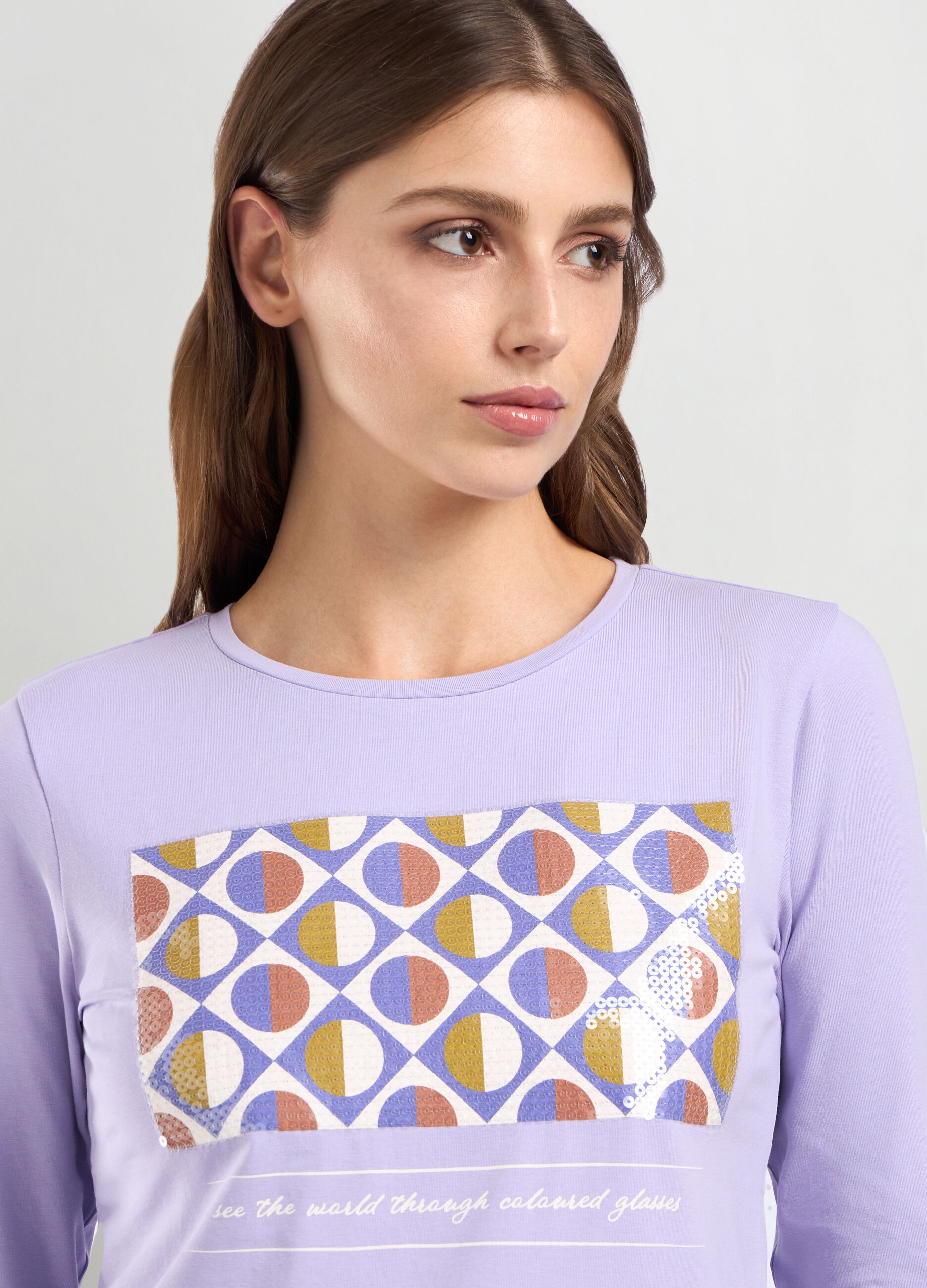 T-shirt in jersey di cotone stretch con paillettes donna_2