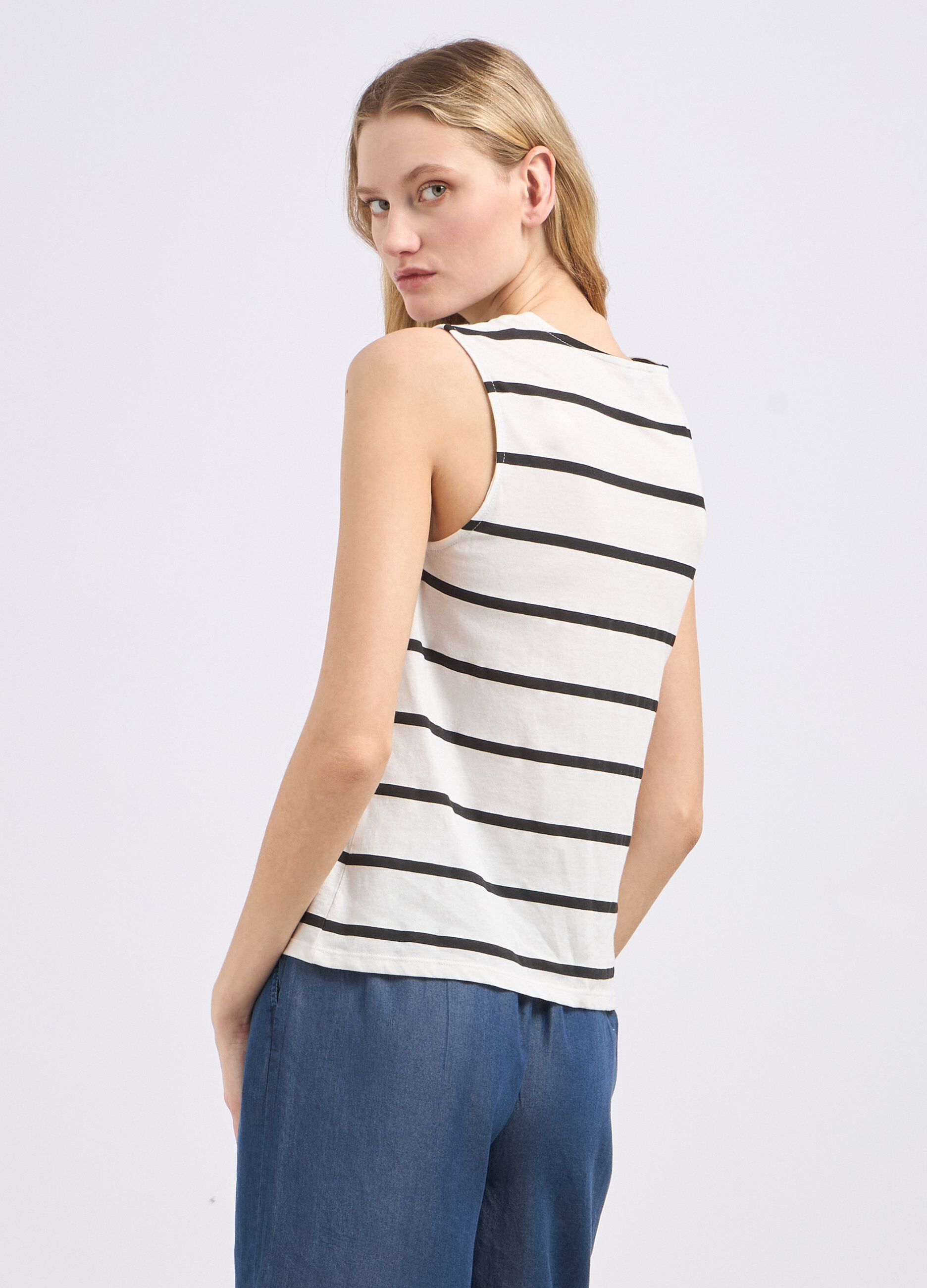 T-shirt smanicata a righe in puro cotone donna_1
