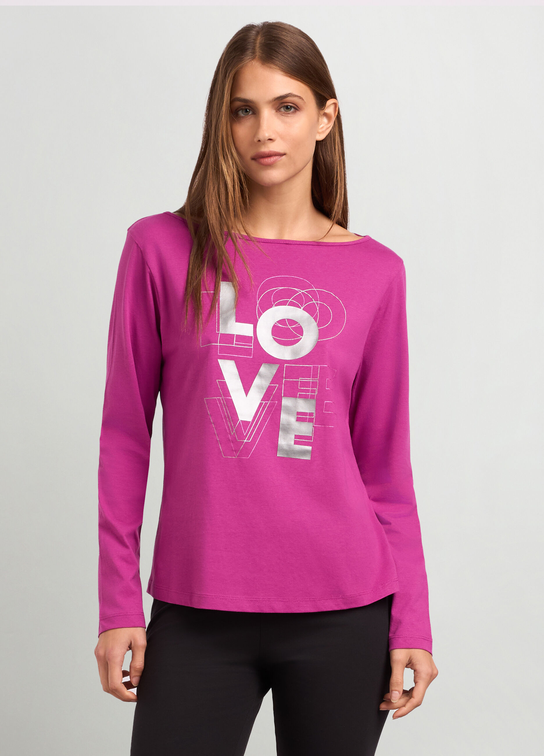 T-shirt a maniche lunghe in puro cotone con stampa donna_0