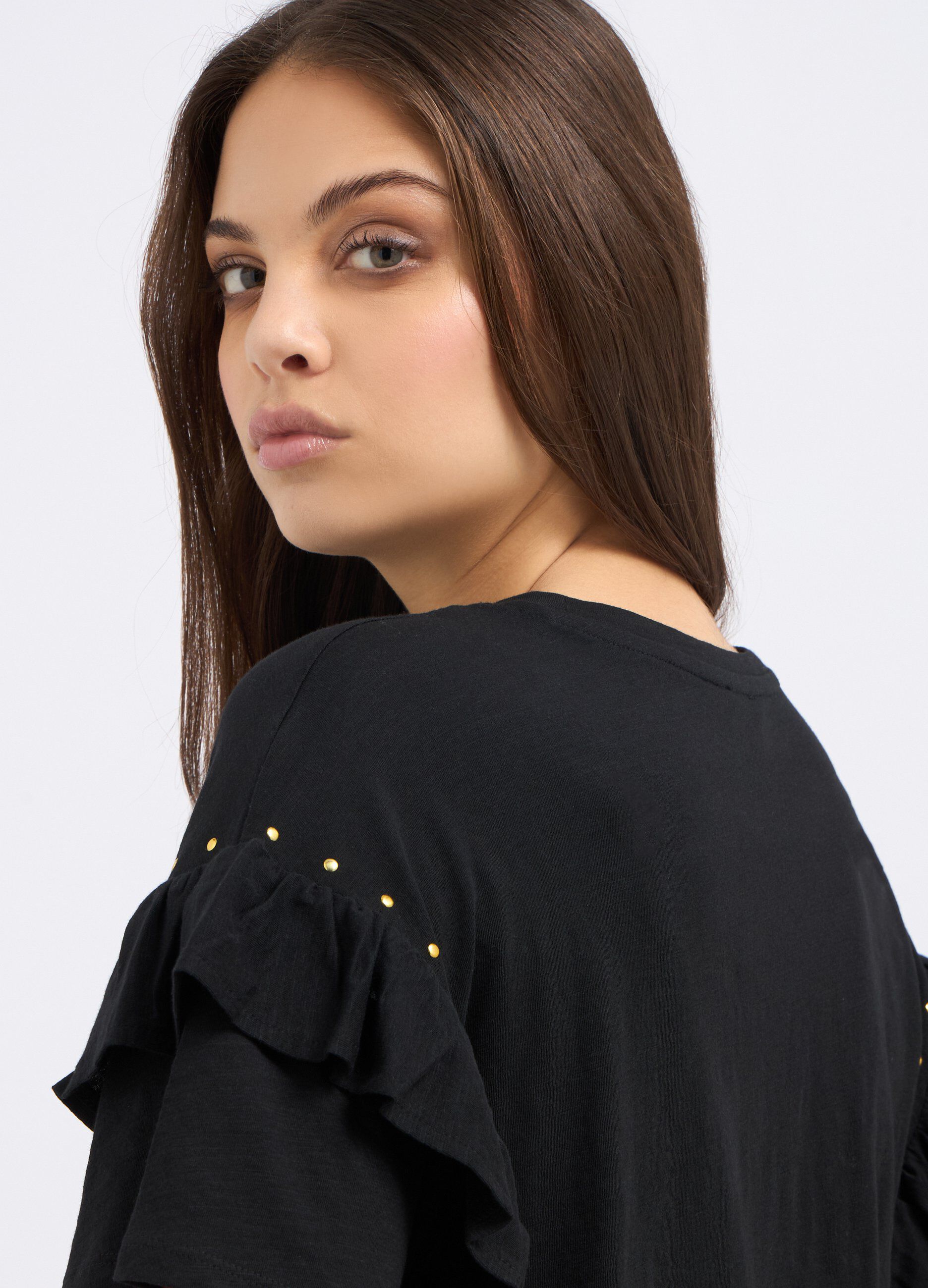 T-shirt in puro cotone con rouches e strass donna_2
