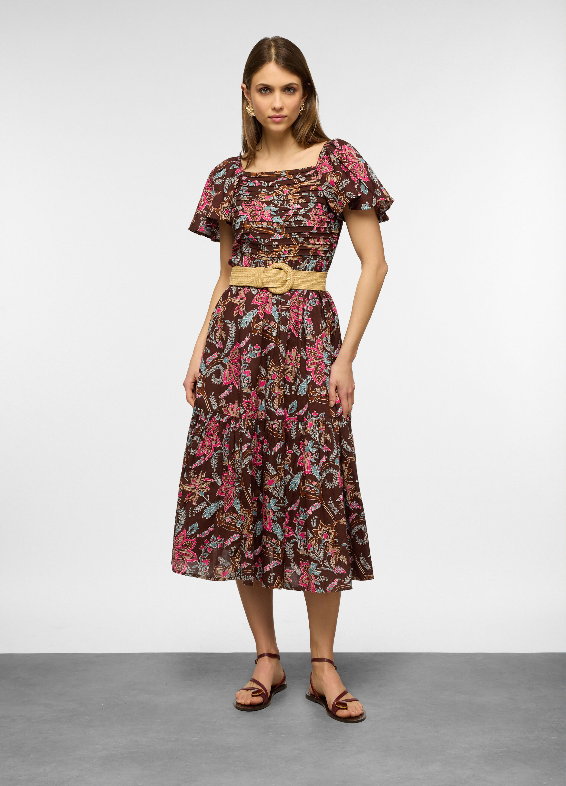 Vestito lungo con scollo quadrato e maniche corte in puro cotone donna_0