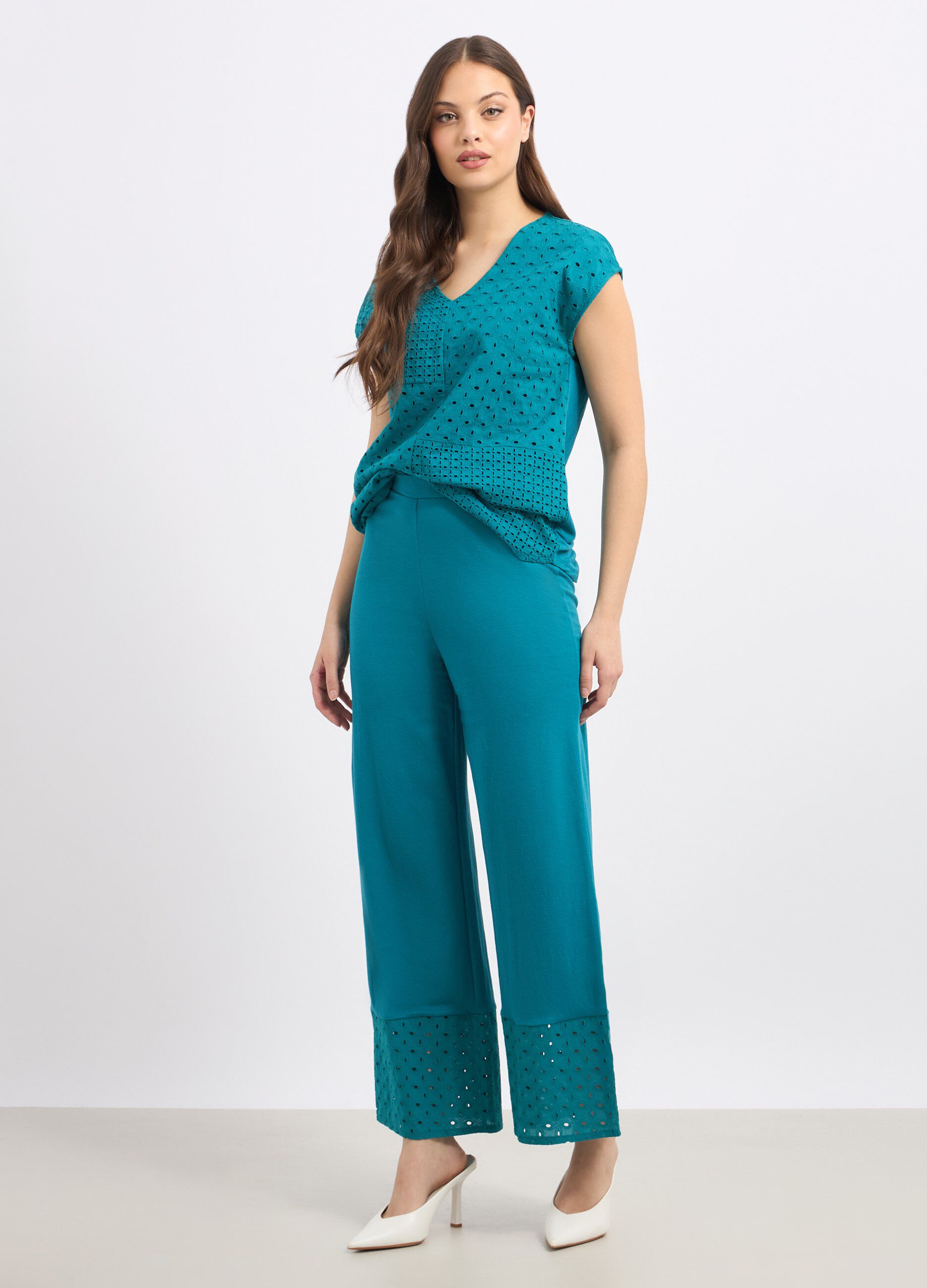 Pantaloni palazzo in misto viscosa con ricamo donna_0