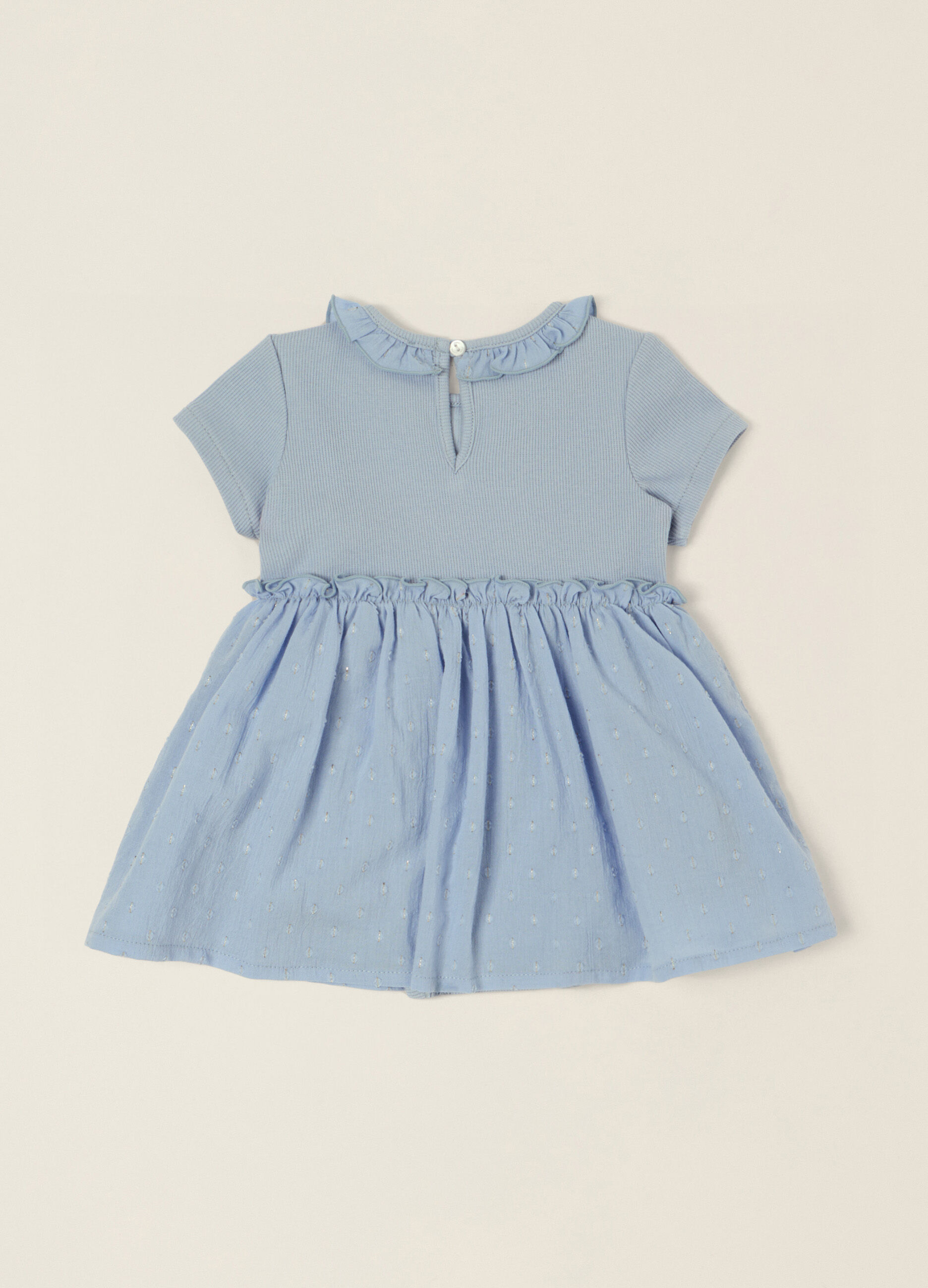 Pagliaccetto azzurro con collo decorativo in cotone elasticizzato da neonata_1