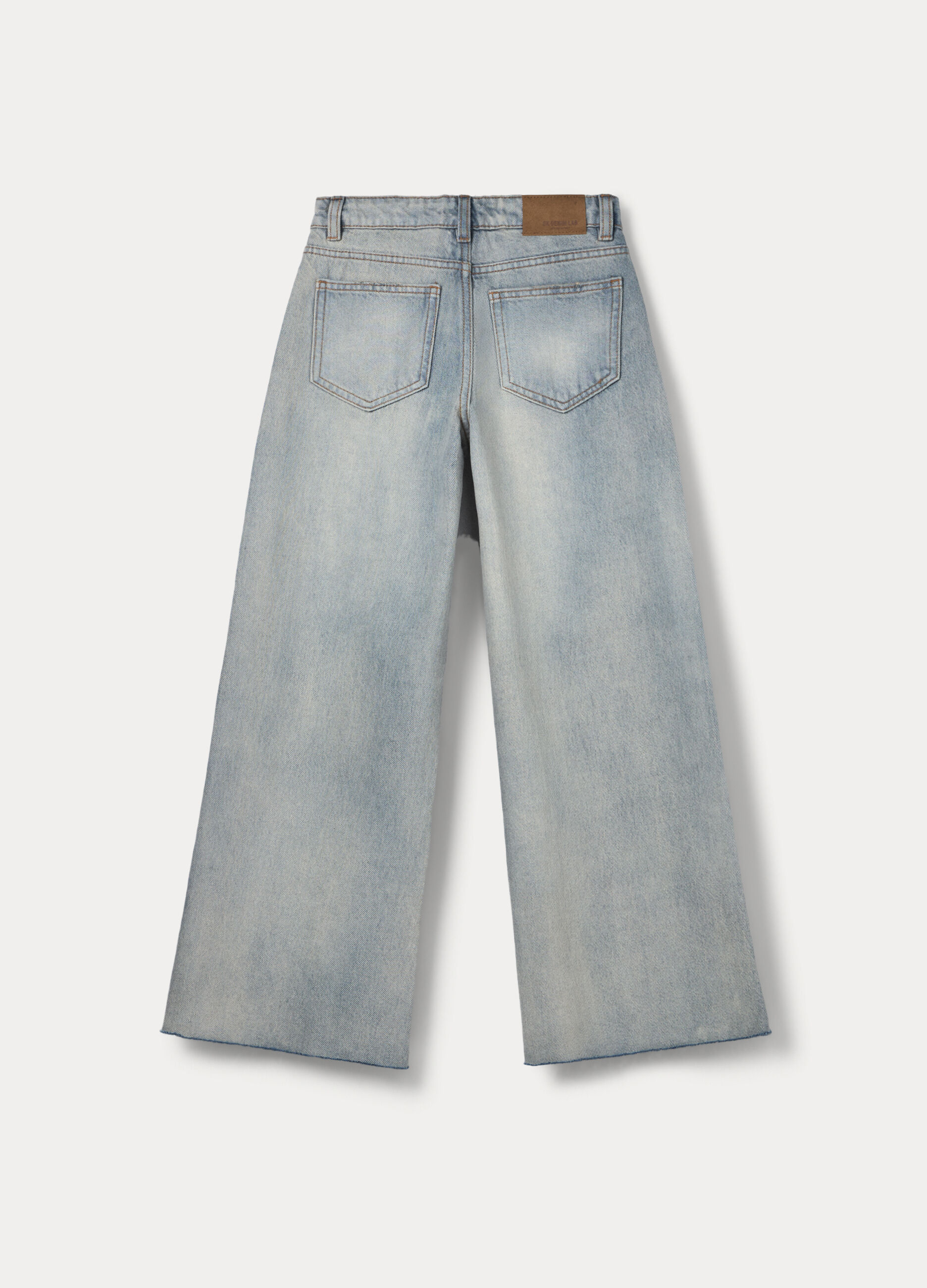 Pantaloni wide leg in denim di puro cotone ragazza_1