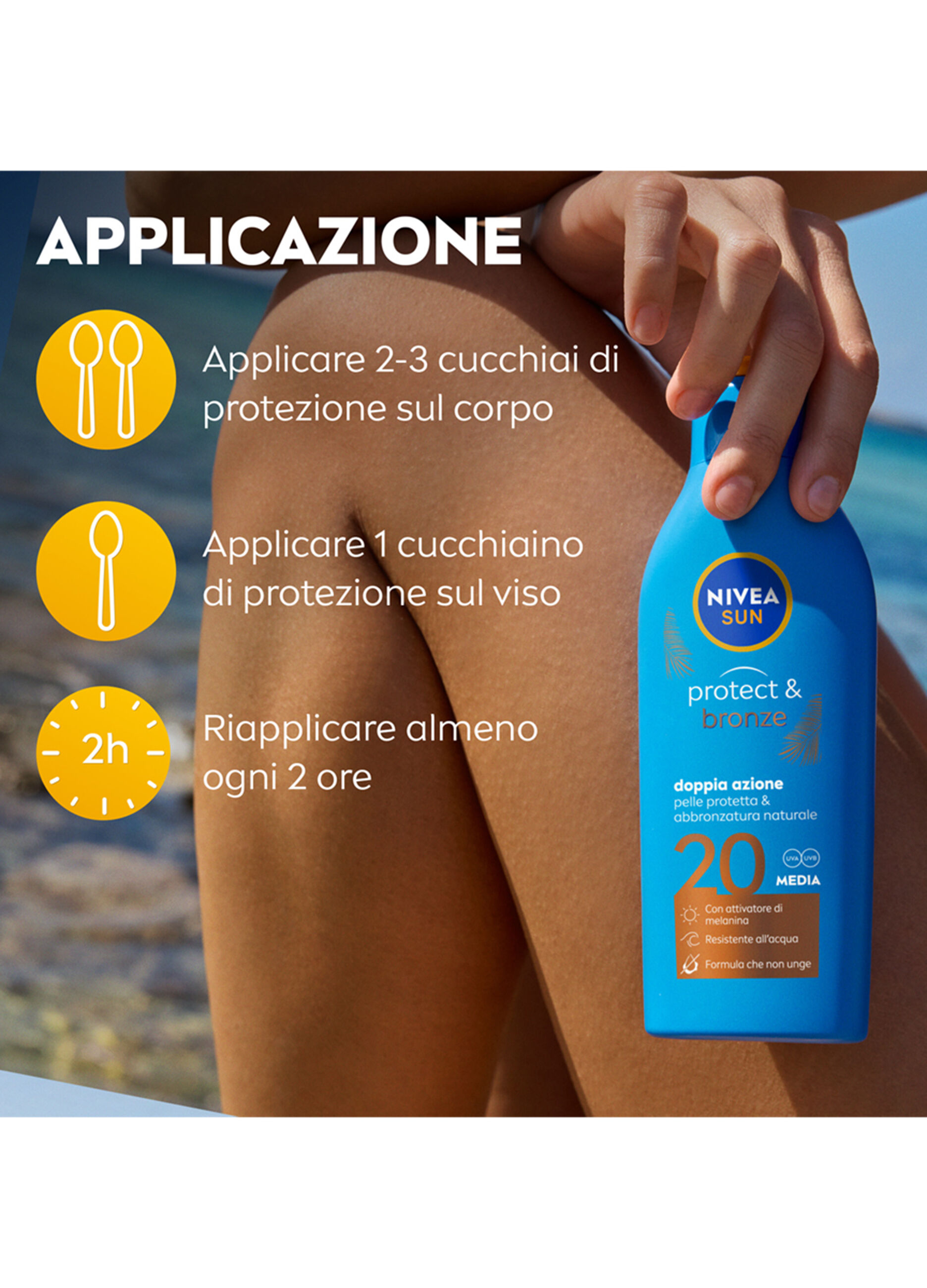 Nivea Sun Latte Solare Protect & Bronze FP20 200 ml, Crema solare 20 per un'abbronzatura dorata_1