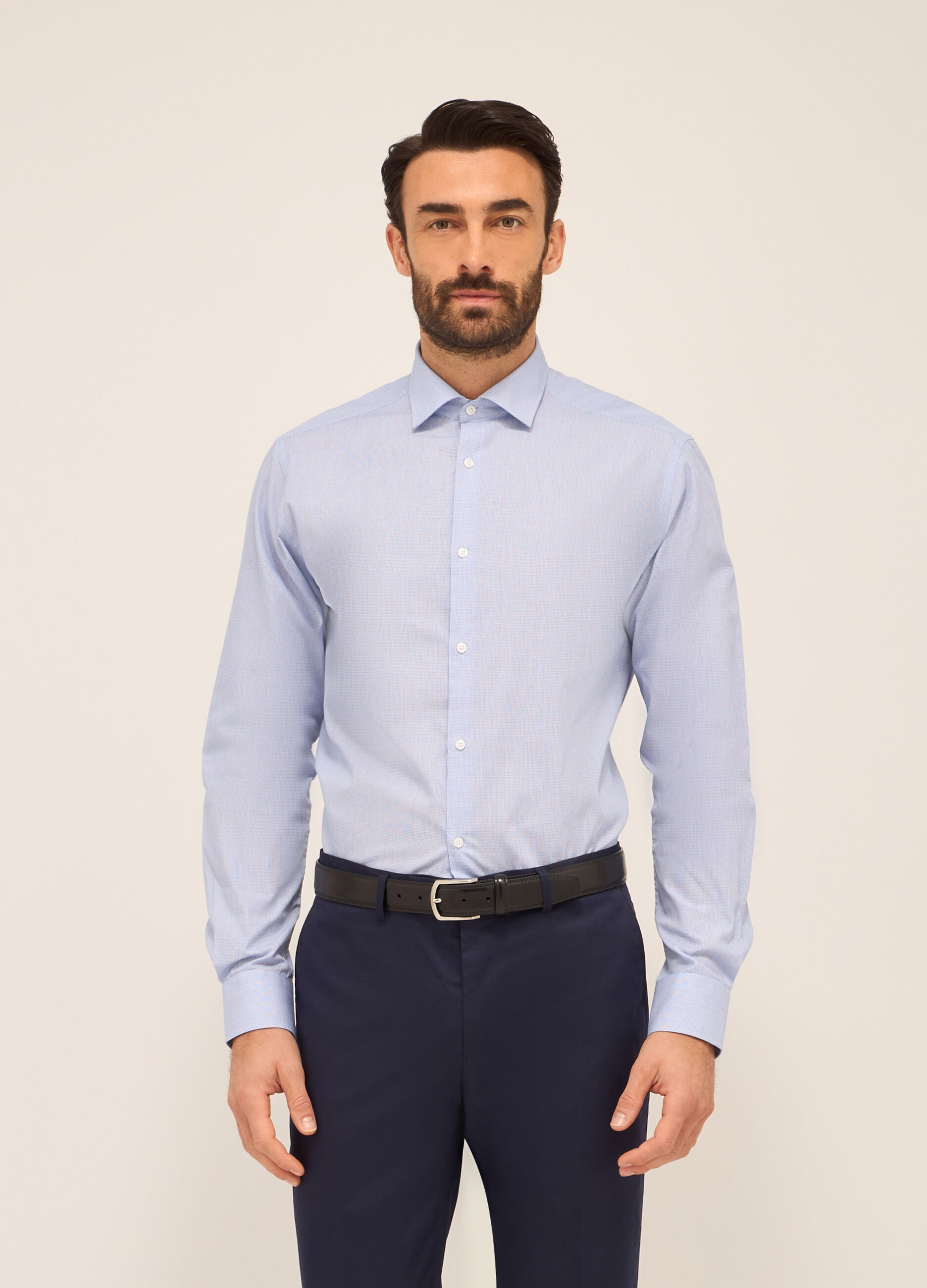 Camicia regular fit in misto cotone a micro-quadretti uomo_0