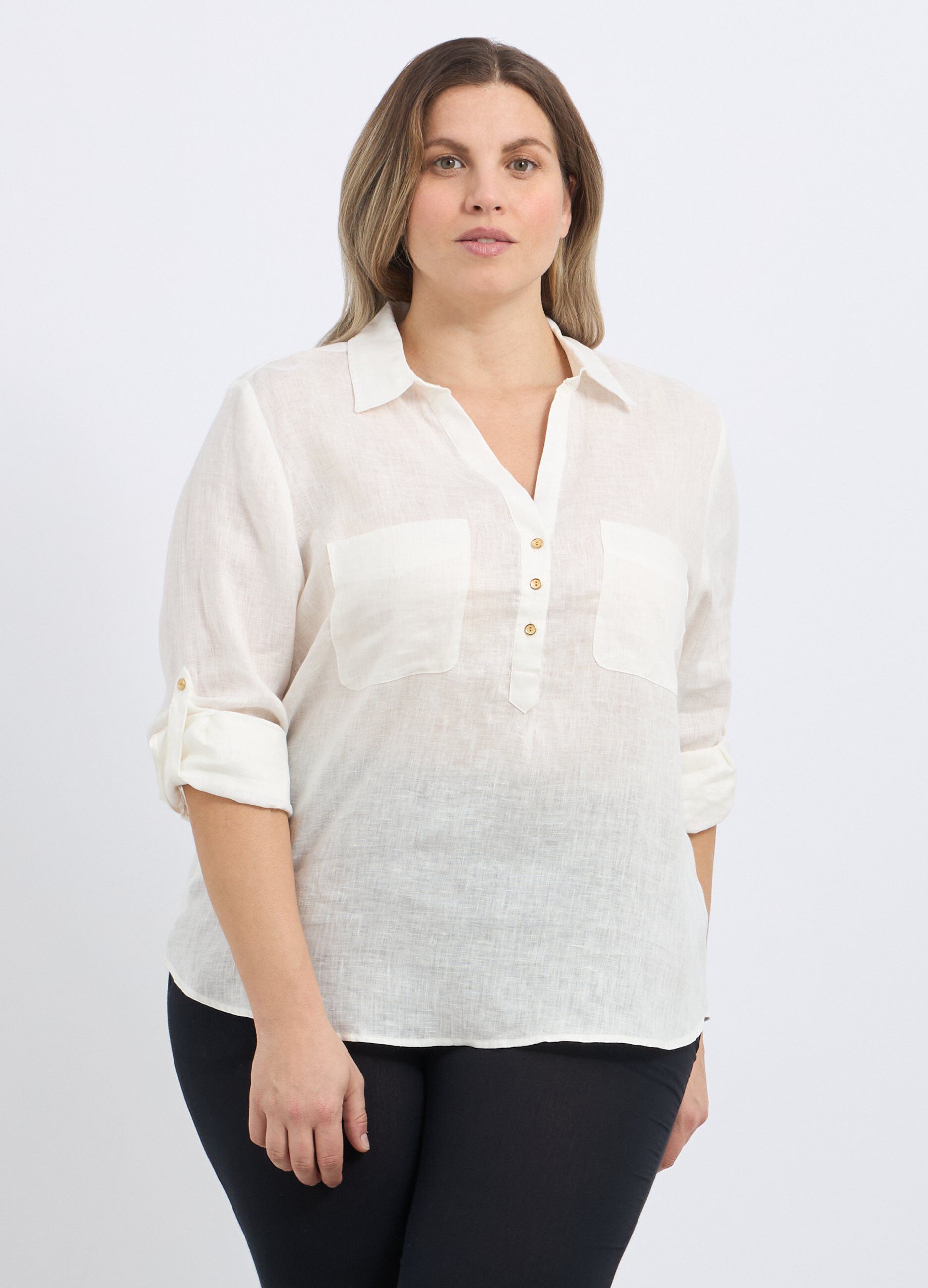 Blusa in puro lino con tasche donna curvy_0
