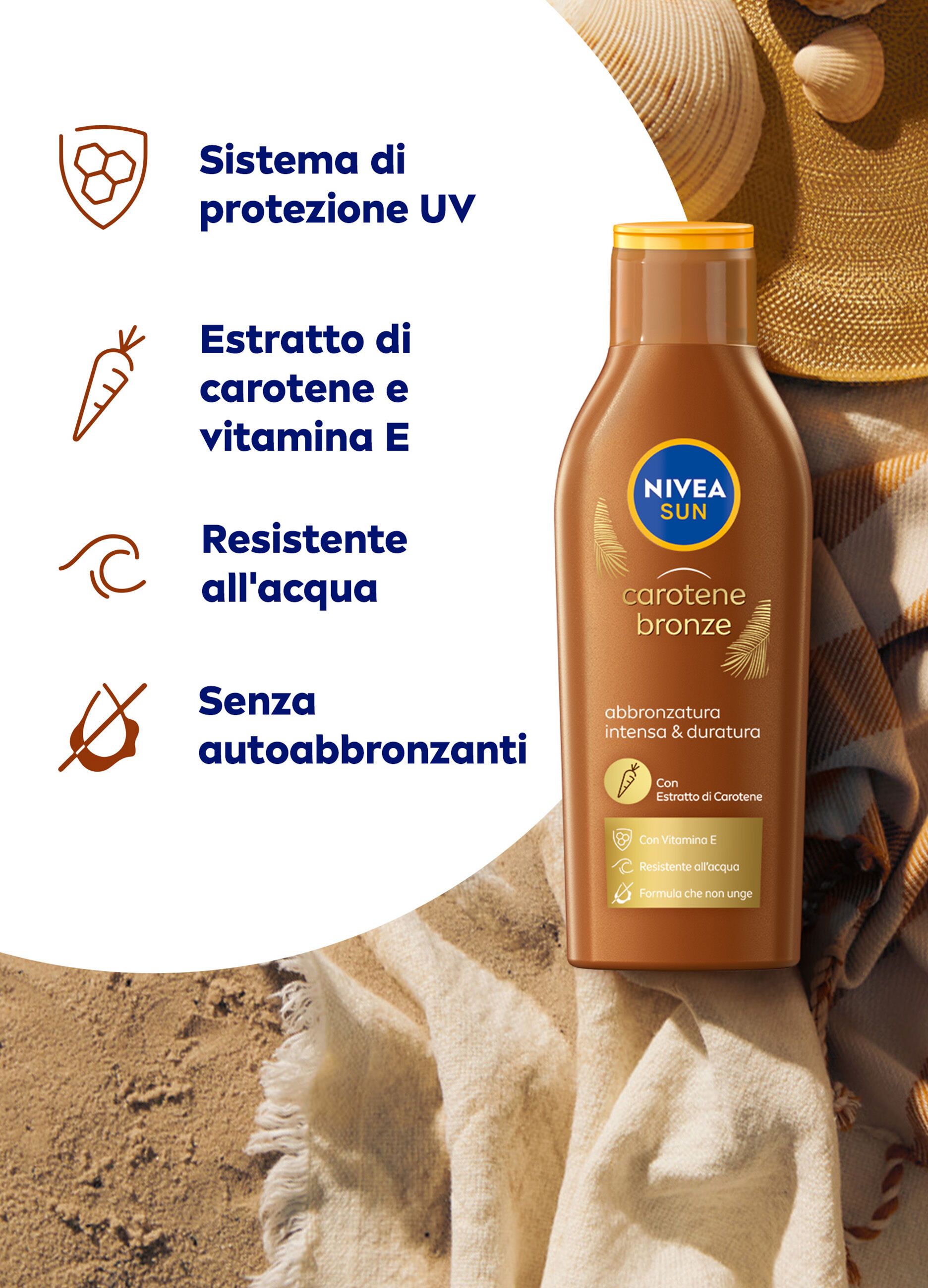 Nivea Sun Latte Solare Carotene Bronze FP6 200 ml, Crema solare abbronzante FP6 per una pelle dorata_1