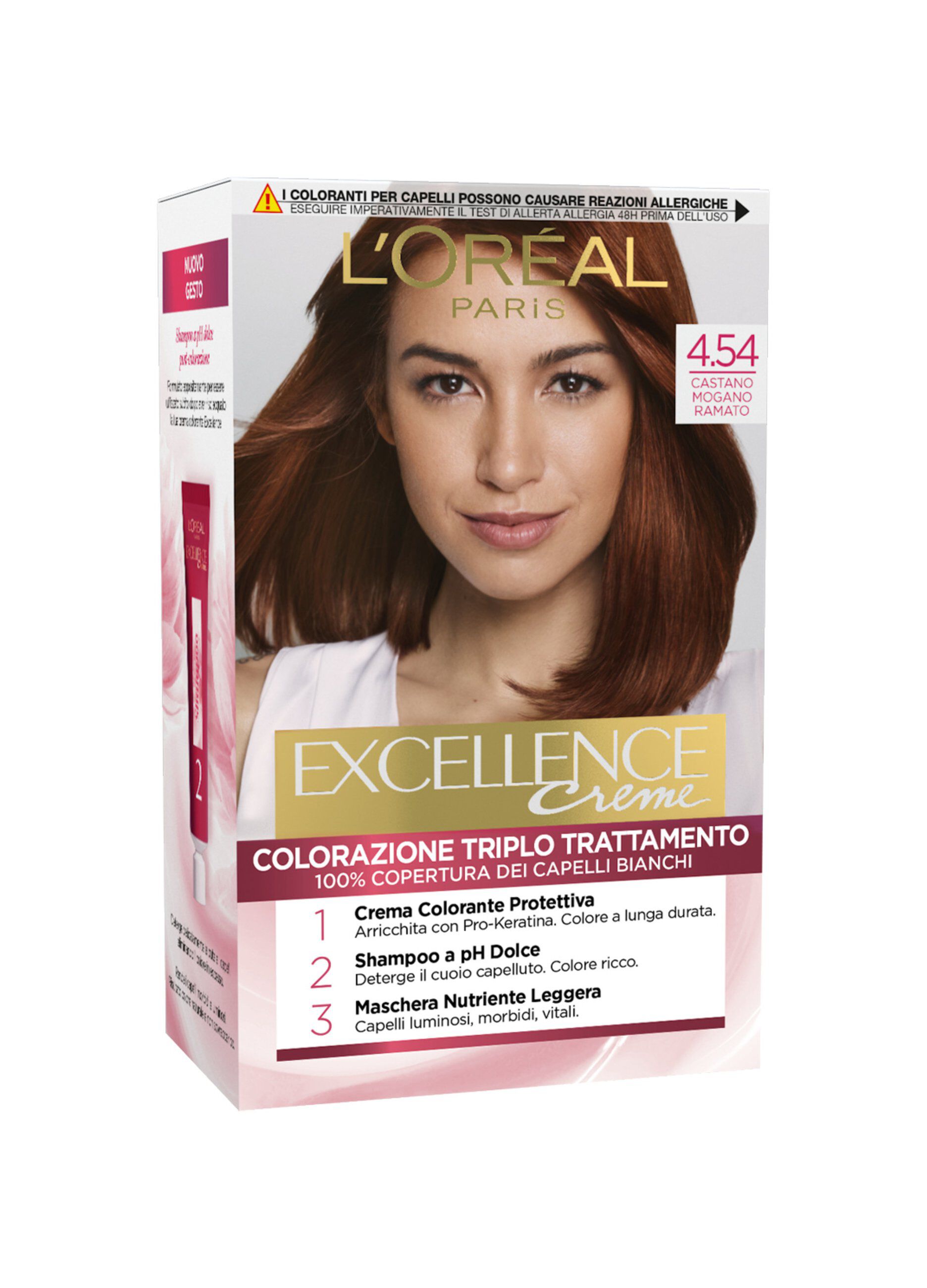 L'Oréal Paris Tinta Capelli Excellence, Copre i capelli bianchi, colore ricco, luminoso e a lunga durata, 4.54 Castano Mogano Ramato.