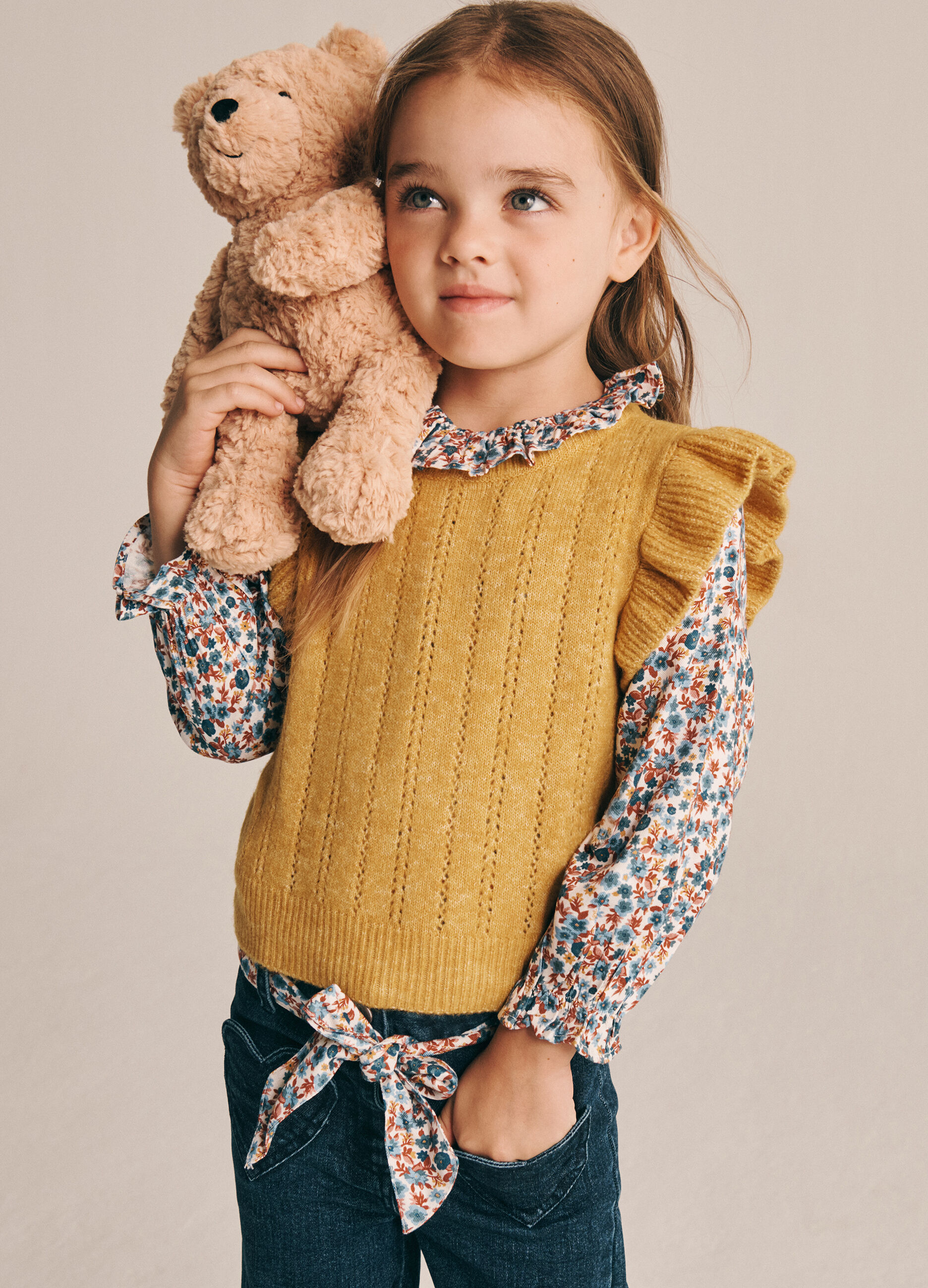 Pantaloni denim elasticizzati con dettagli floreali per bambina_0