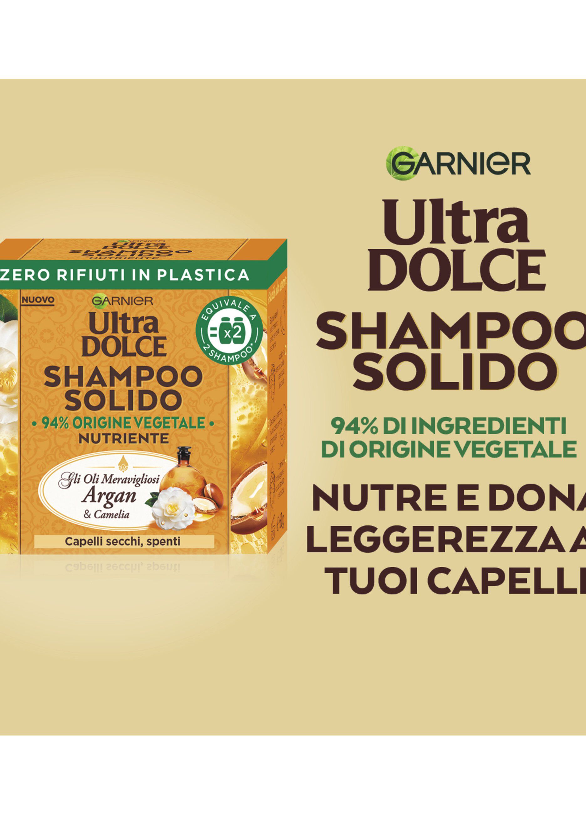 Garnier Ultra Dolce Shampoo Solido con Oli meravigliosi di Argan e Camelia, Per capelli secchi e spenti, Con packaging 100% ecologico plastic-free, 60 gr.