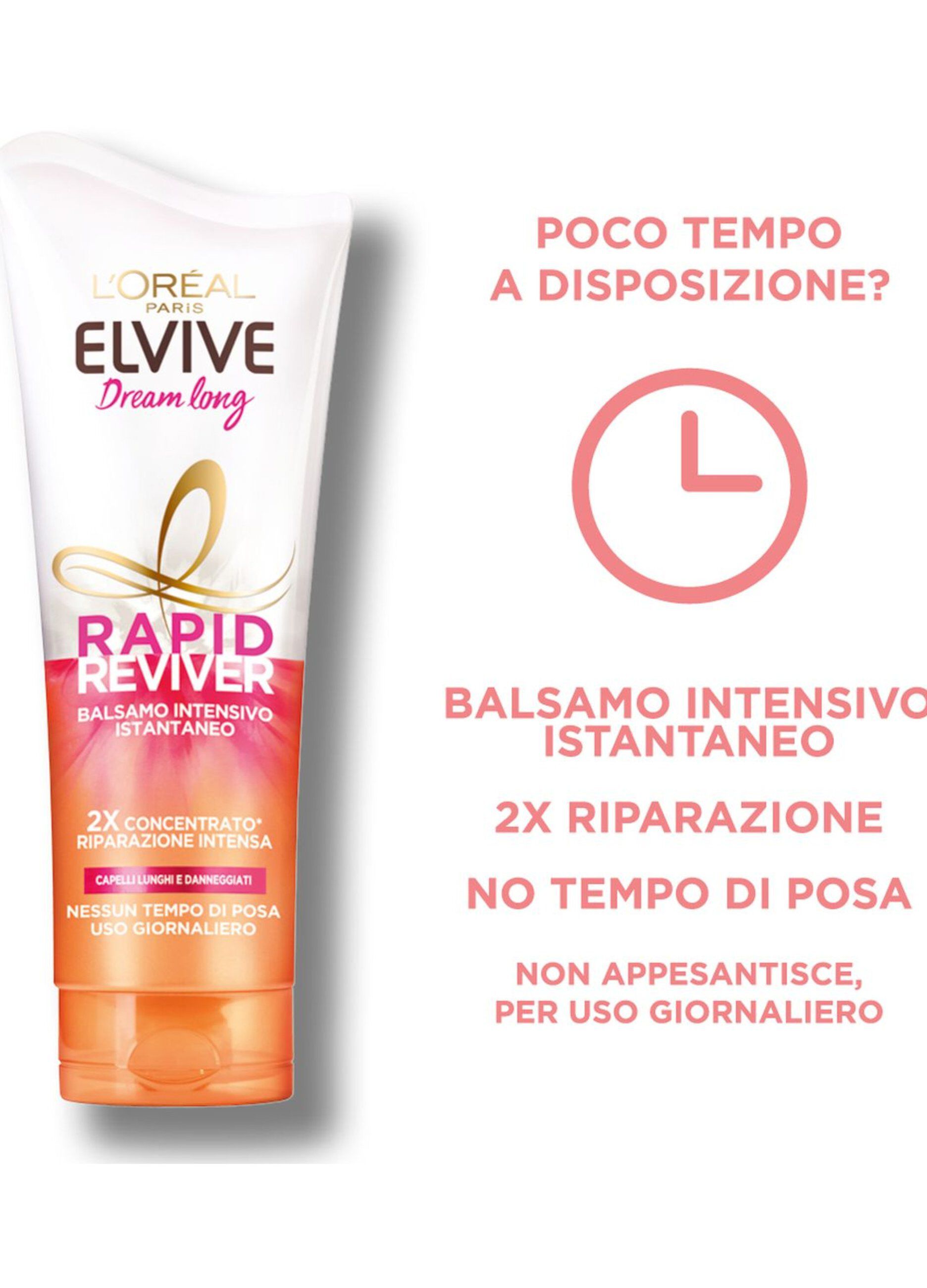 L'Oréal Paris Balsamo Istantaneo Rapid Reviver Elvive Dream Long, Arricchito con Amminoacido e Olio Protettivo, per Capelli Lunghi e Danneggiati, 180 ml.