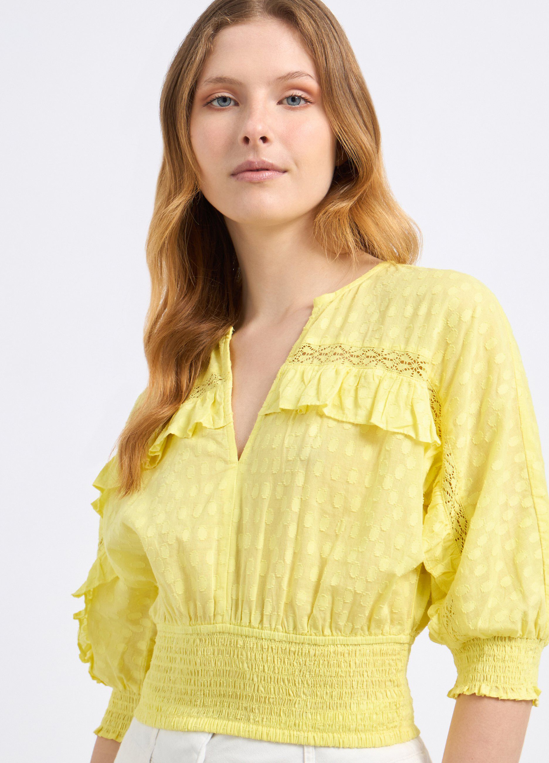 Blusa cropped in puro cotone con lavorazione jacquard donna_2