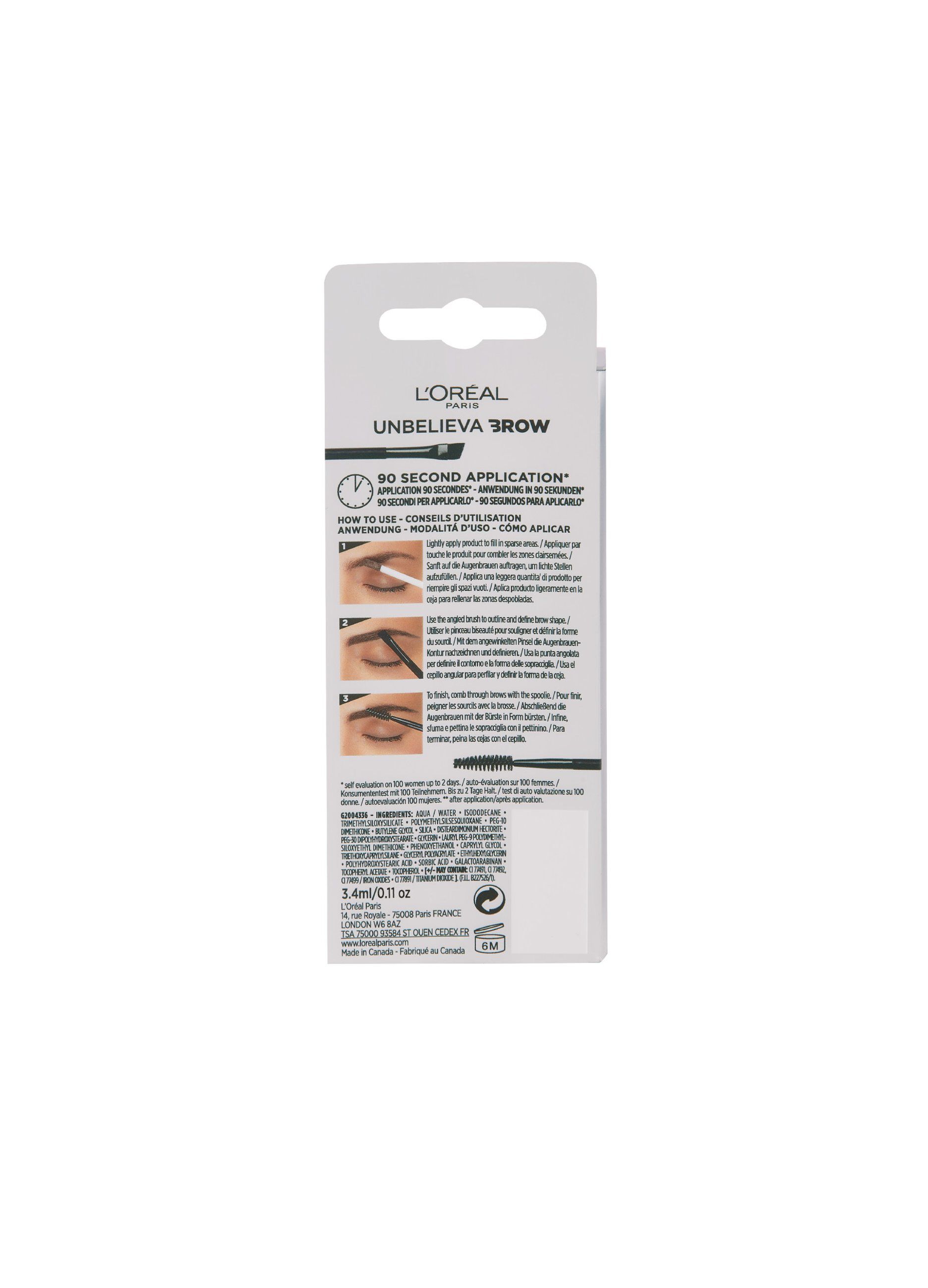 L'Oréal Paris Unbelievabrow, Gel per Sopracciglia a Lunga Tenuta Waterproof, Colore: Brunette (105), 3,4 ml.