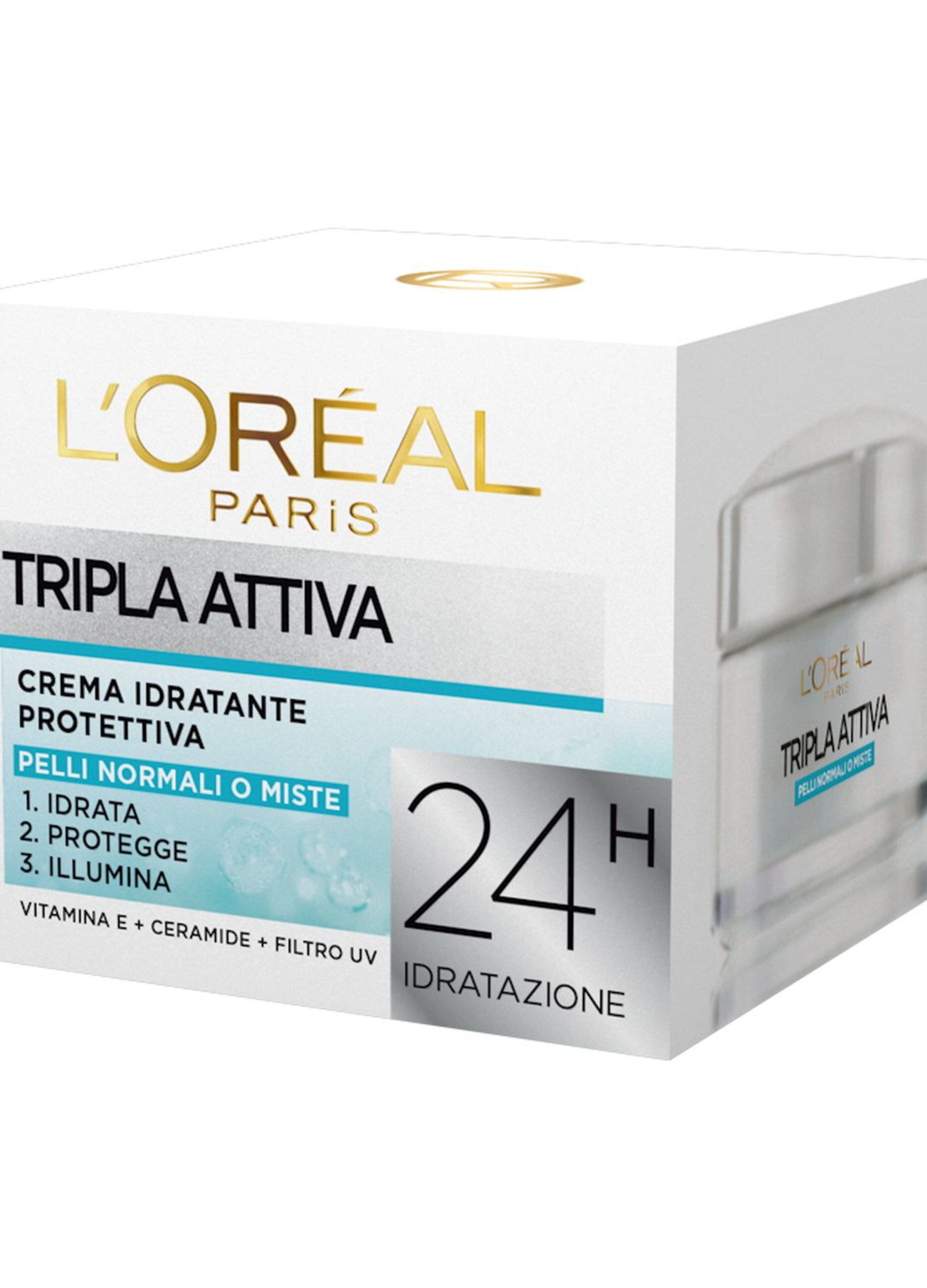 L'Oréal Paris Crema Idratante Viso Tripla Attiva, Idrata, Protegge e Illumina, per Pelli Normali e Miste, 50 ml.