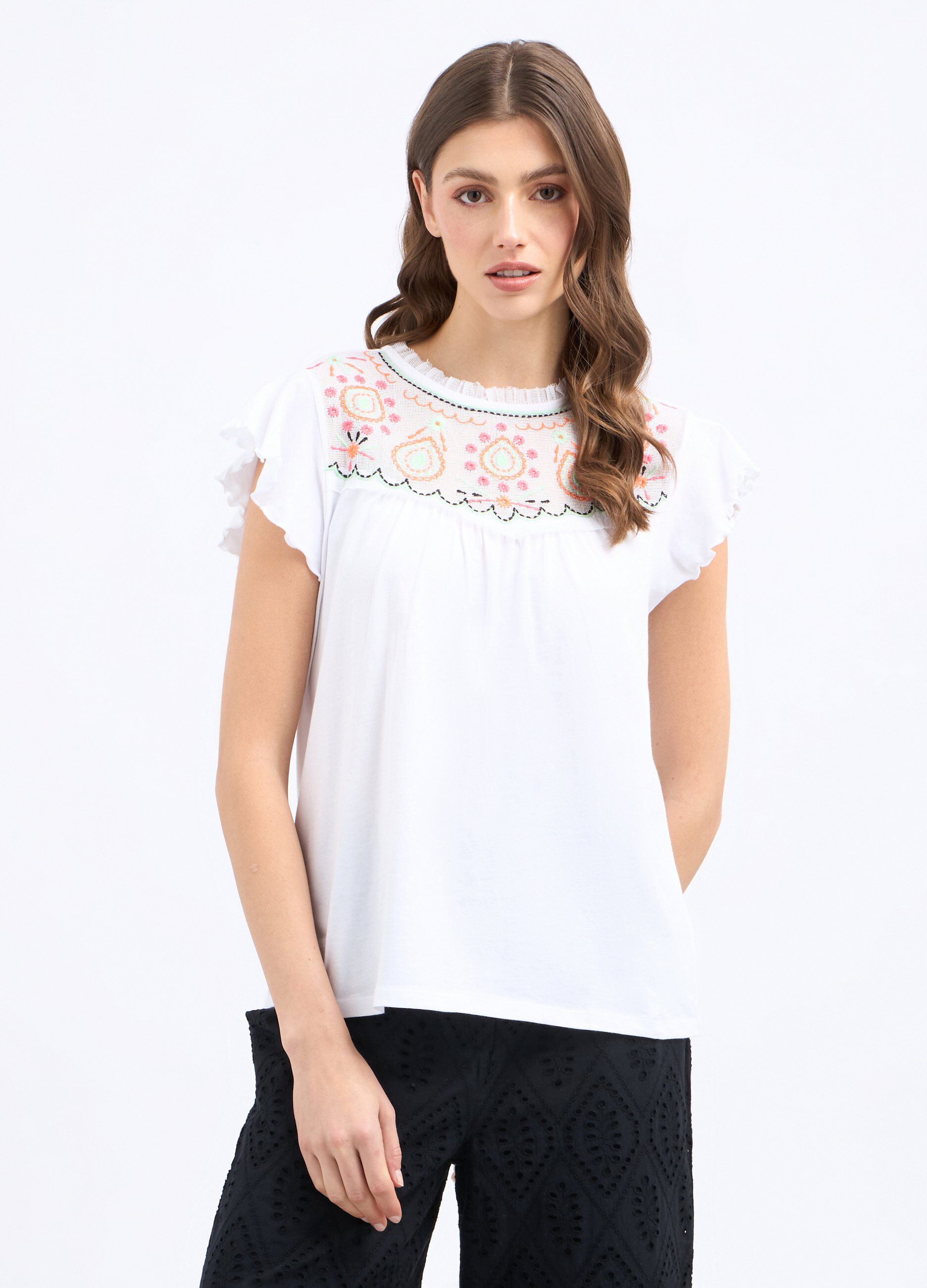 T-shirt con inserto ricamato in puro cotone donna_0