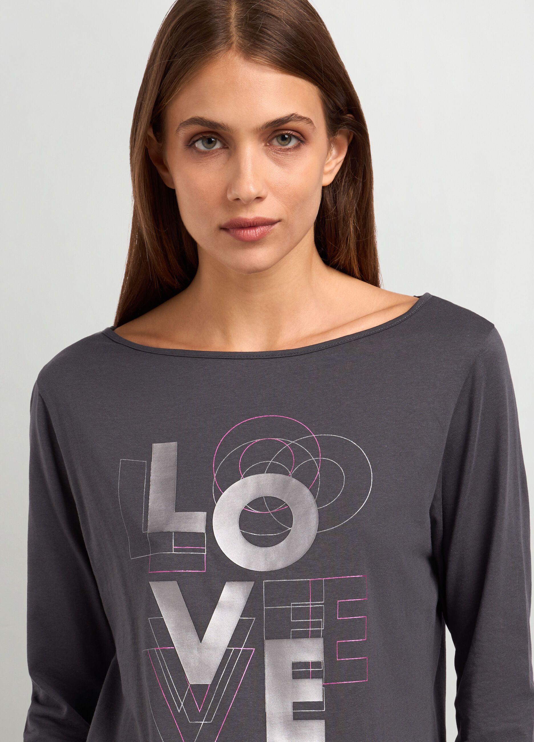 T-shirt a maniche lunghe in puro cotone con stampa donna_2