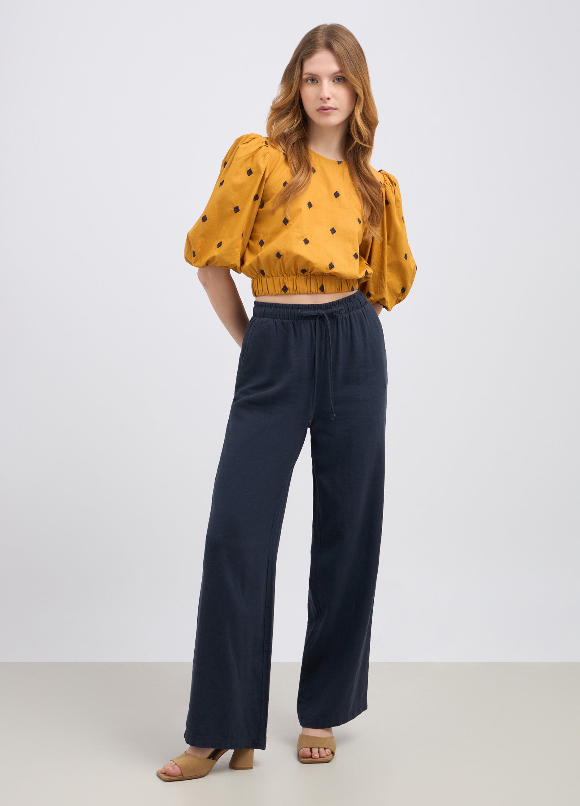 Pantaloni palazzo in misto lino donna_0