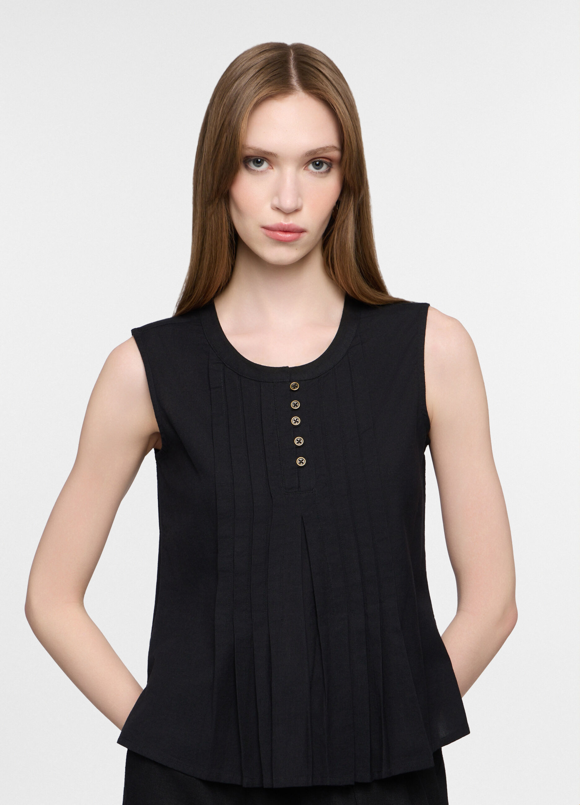 Blusa fit regular con scollo rotondo voile misto lino donna_0