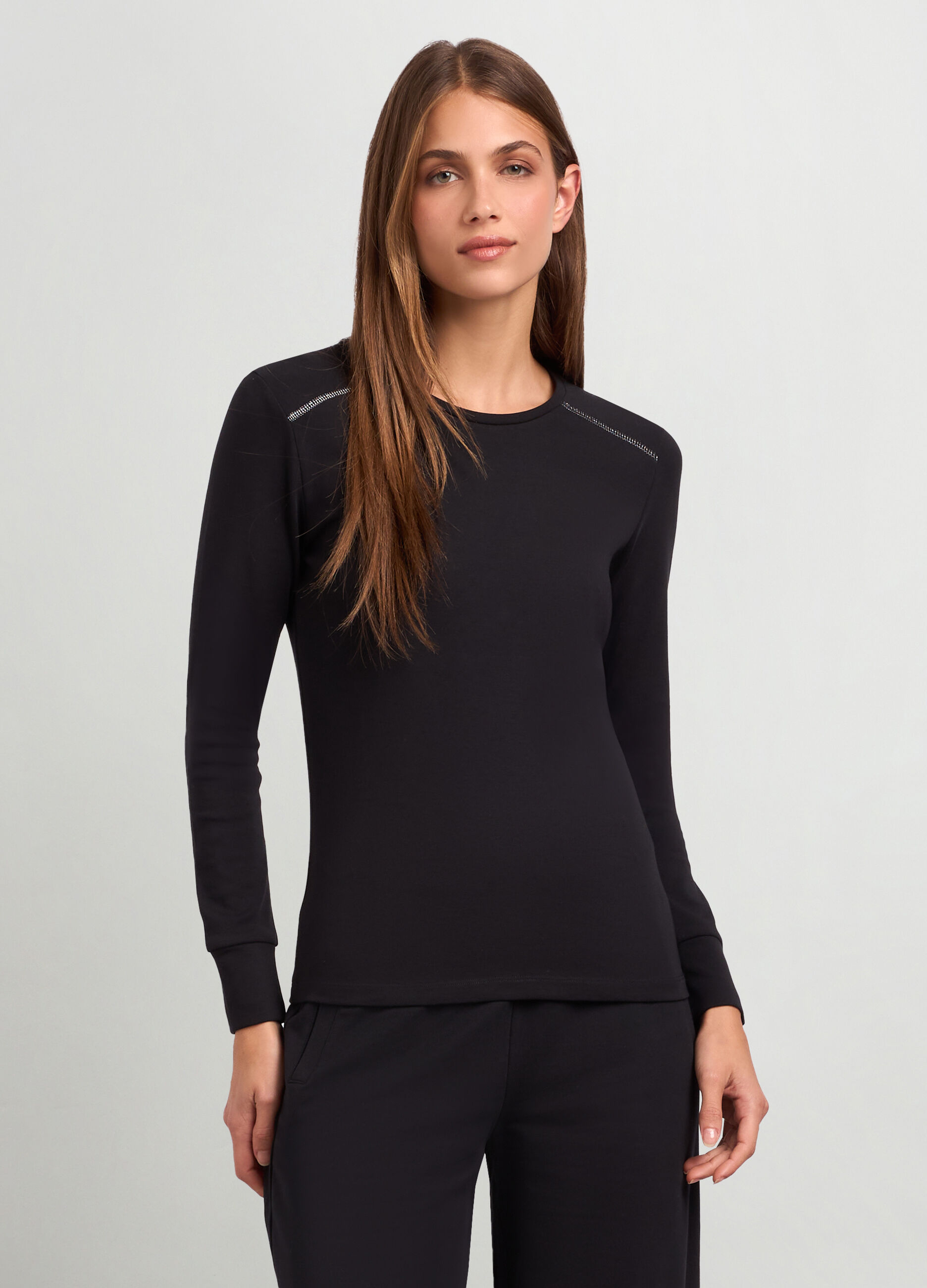 T-shirt a maniche lunghe in cotone stretch donna_0