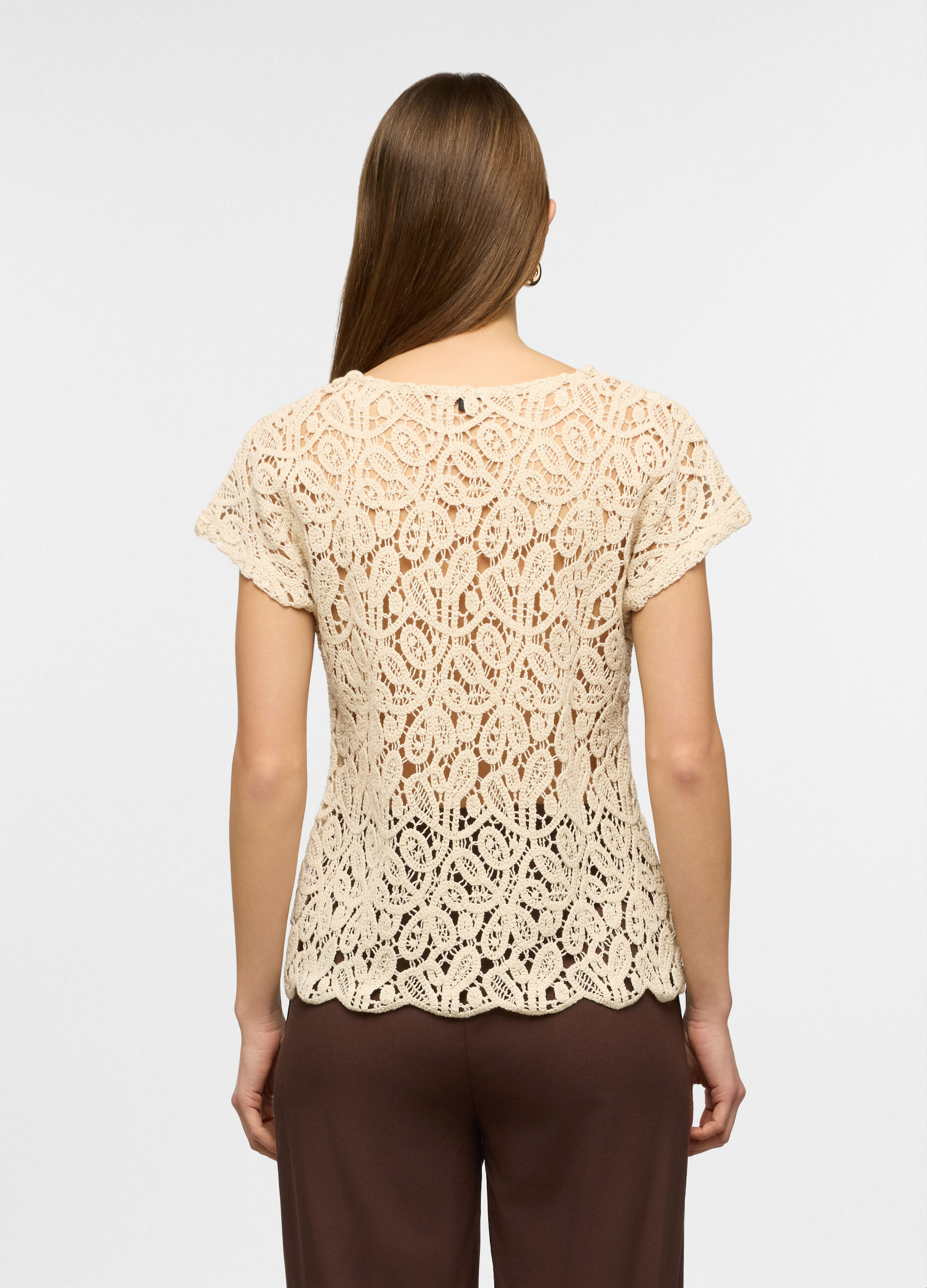 Maglia a maniche corte a girocollo in cotone crochet donna_1