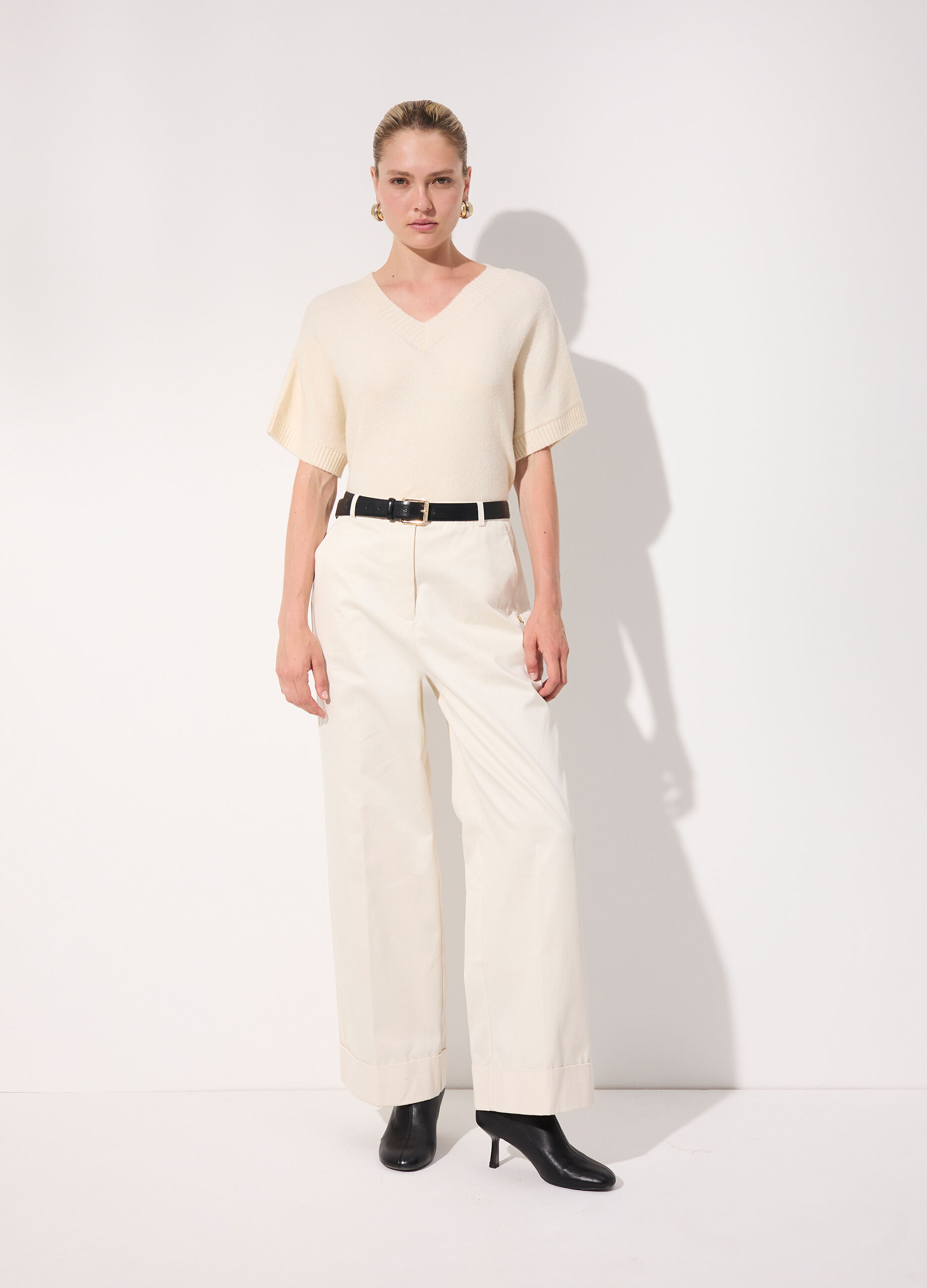 Pantalone palazzo in gabardine di puro cotone donna_0