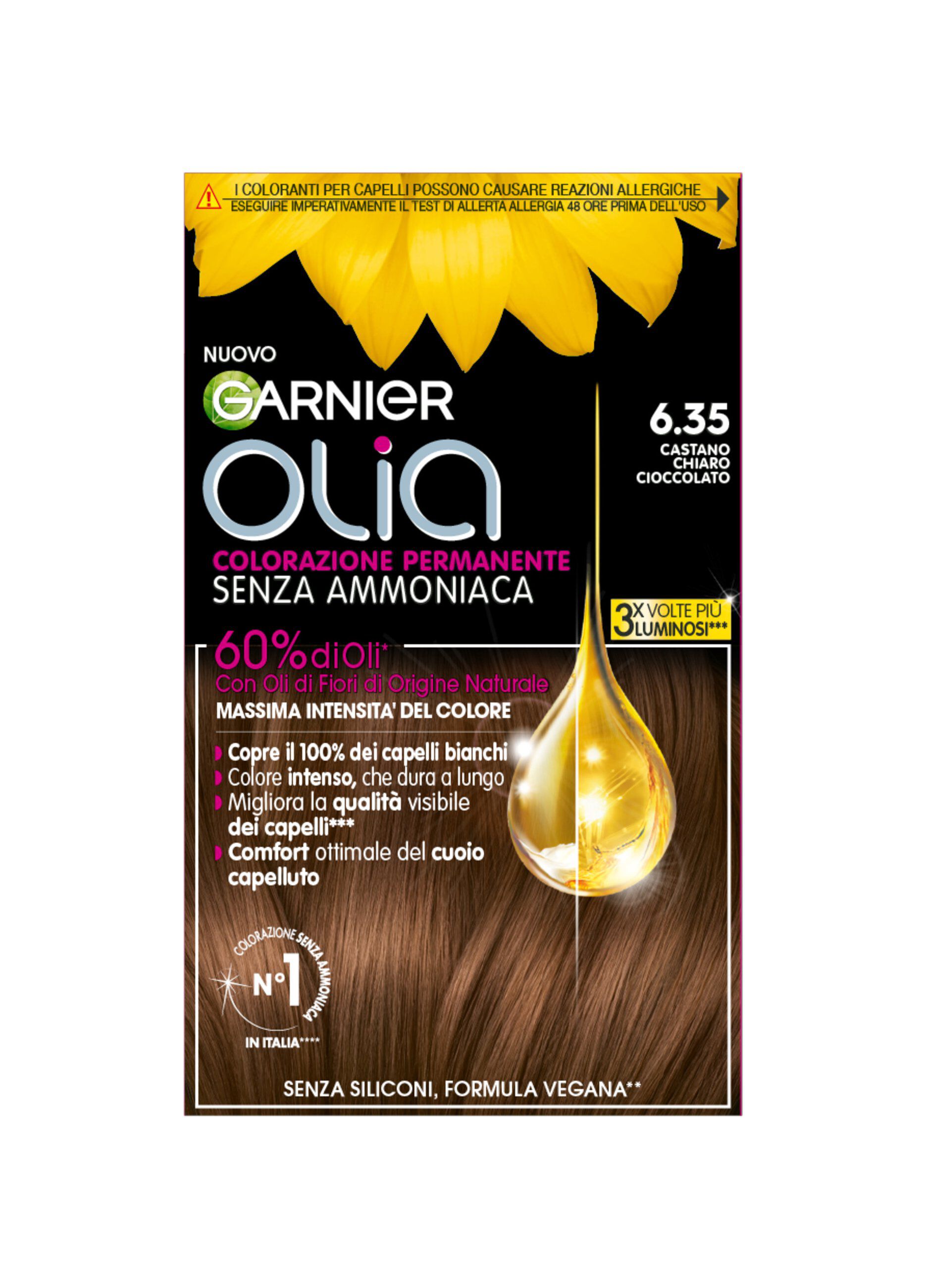 Garnier Tinta Capelli Olia, Colorazione permanente senza ammoniaca per una fragranza delicata, copre il 100% dei capelli bianchi, Con oli di fiori di origine naturale, Castano Chiaro Cioccolato (6.35).