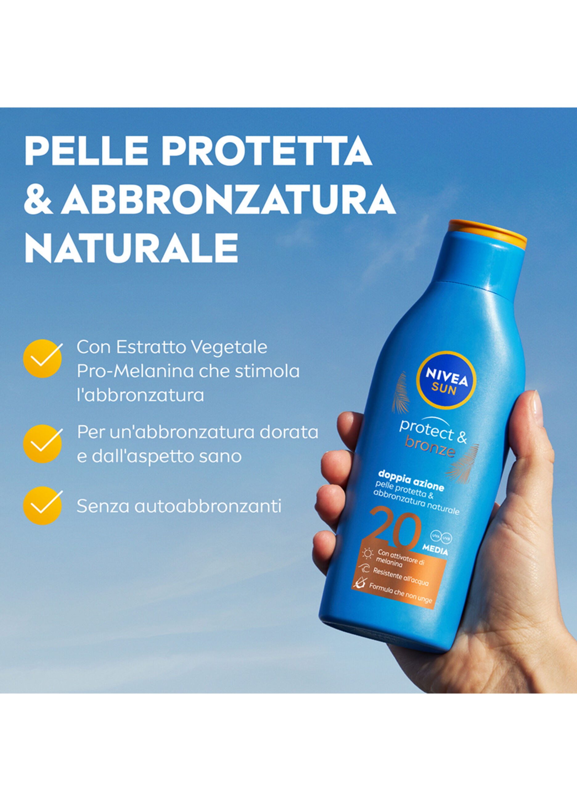 Nivea Sun Latte Solare Protect & Bronze FP20 200 ml, Crema solare 20 per un'abbronzatura dorata_2
