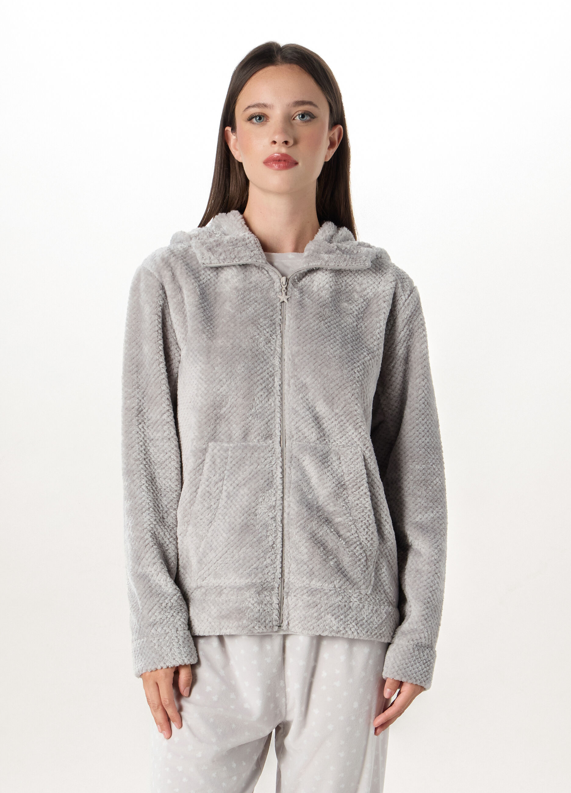 Top pigiama in fake fur con cappuccio donna_0