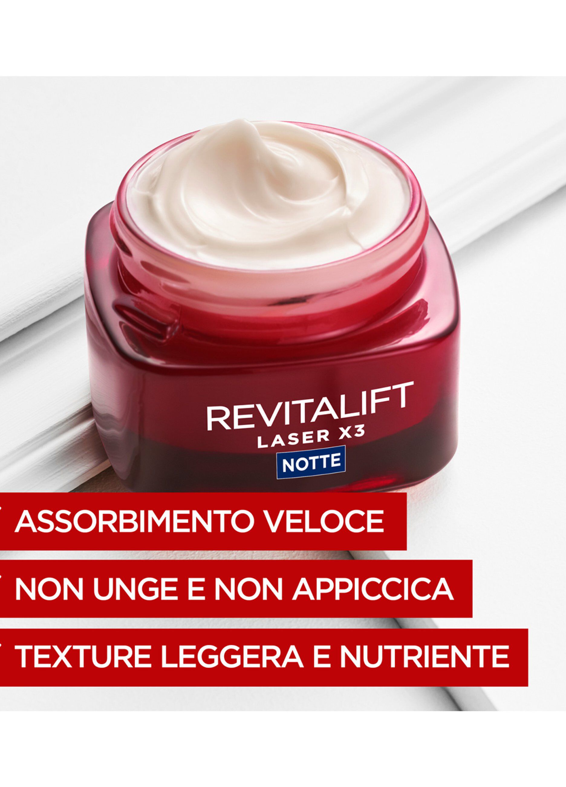 L'Oréal Paris Crema Viso Notte Revitalift Laser X3, Azione Antirughe Anti-Età con Acido Ialuronico e Pro-Xylane, 50 ml.