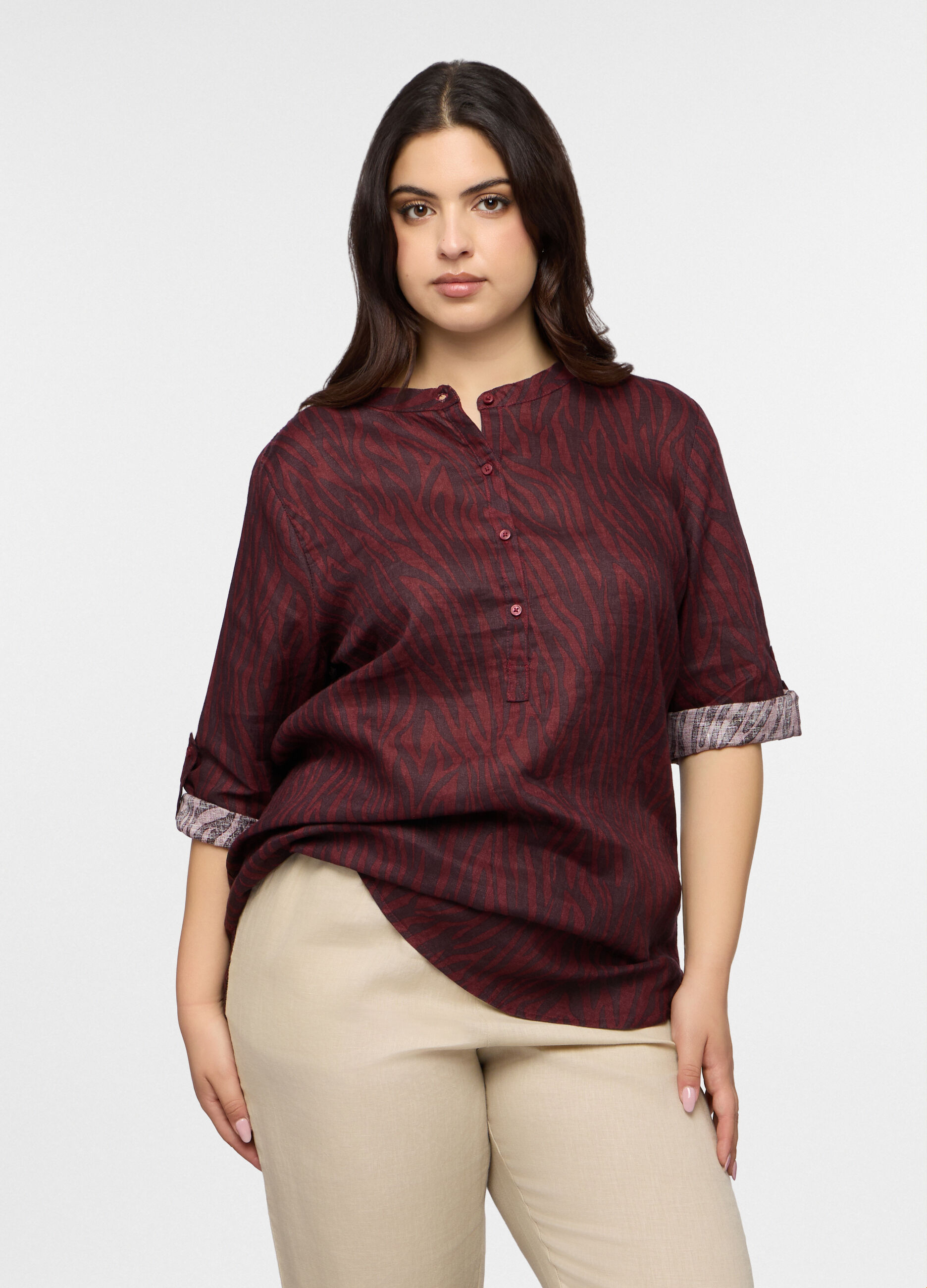 Blusa Fit Regular con scollo rotondo in puro lino donna curvy_0