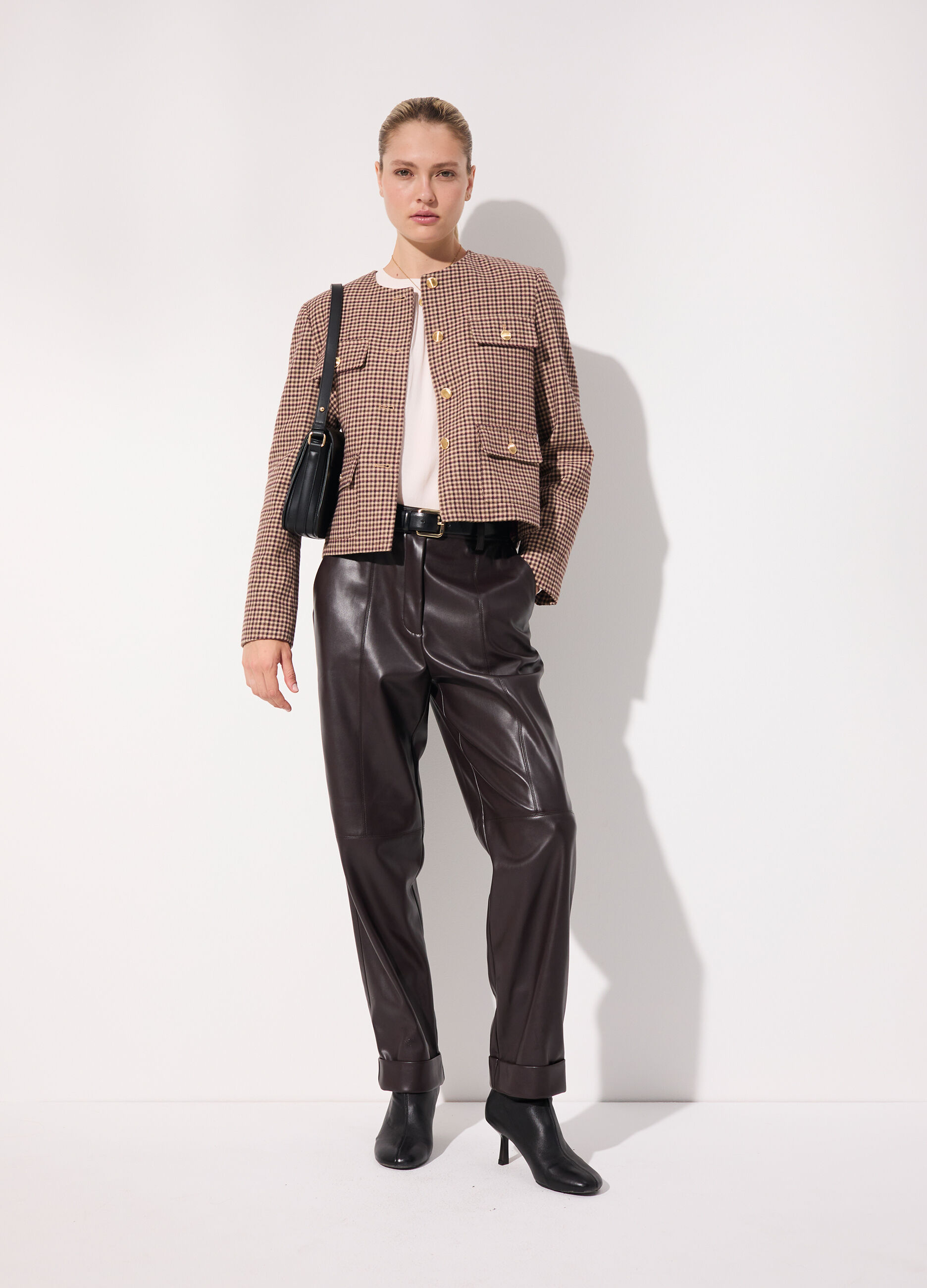Cappotto corto in misto lana a quadri donna_0